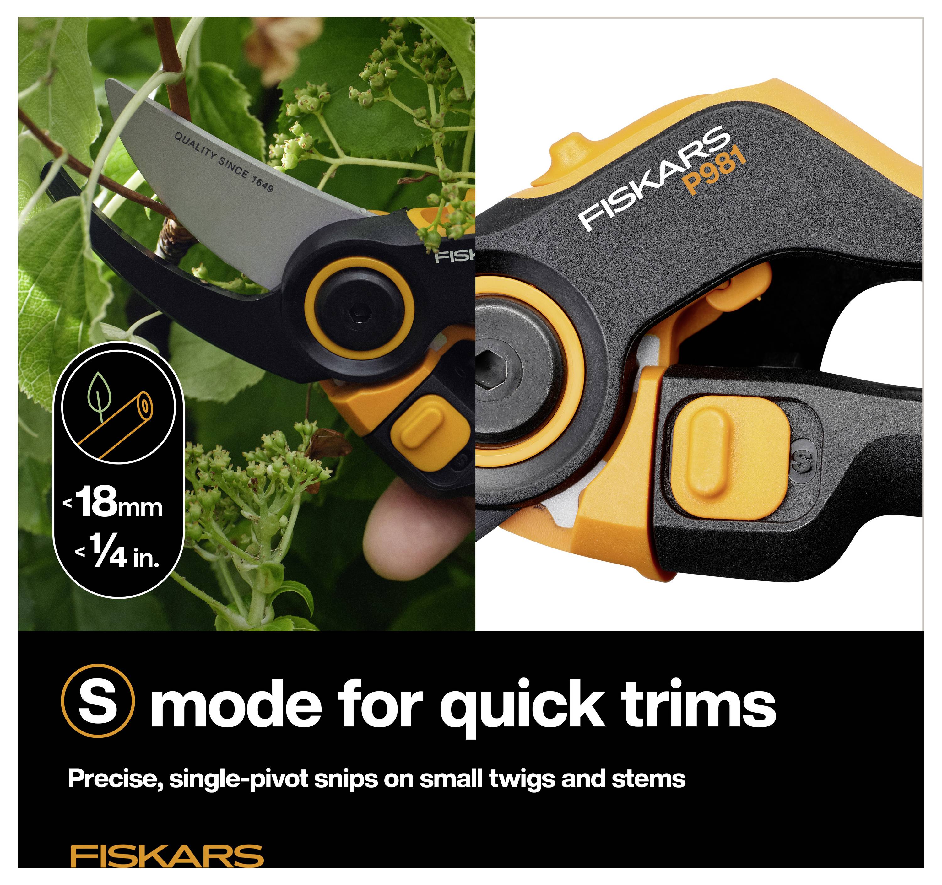 Fiskars P981 Gartenscheren im S-Modus für schnelle Schnitte, zeigen präzise Einpunkt-Drehscheren an kleinen Zweigen und Stengeln bis 18 mm (1/4 Zoll).