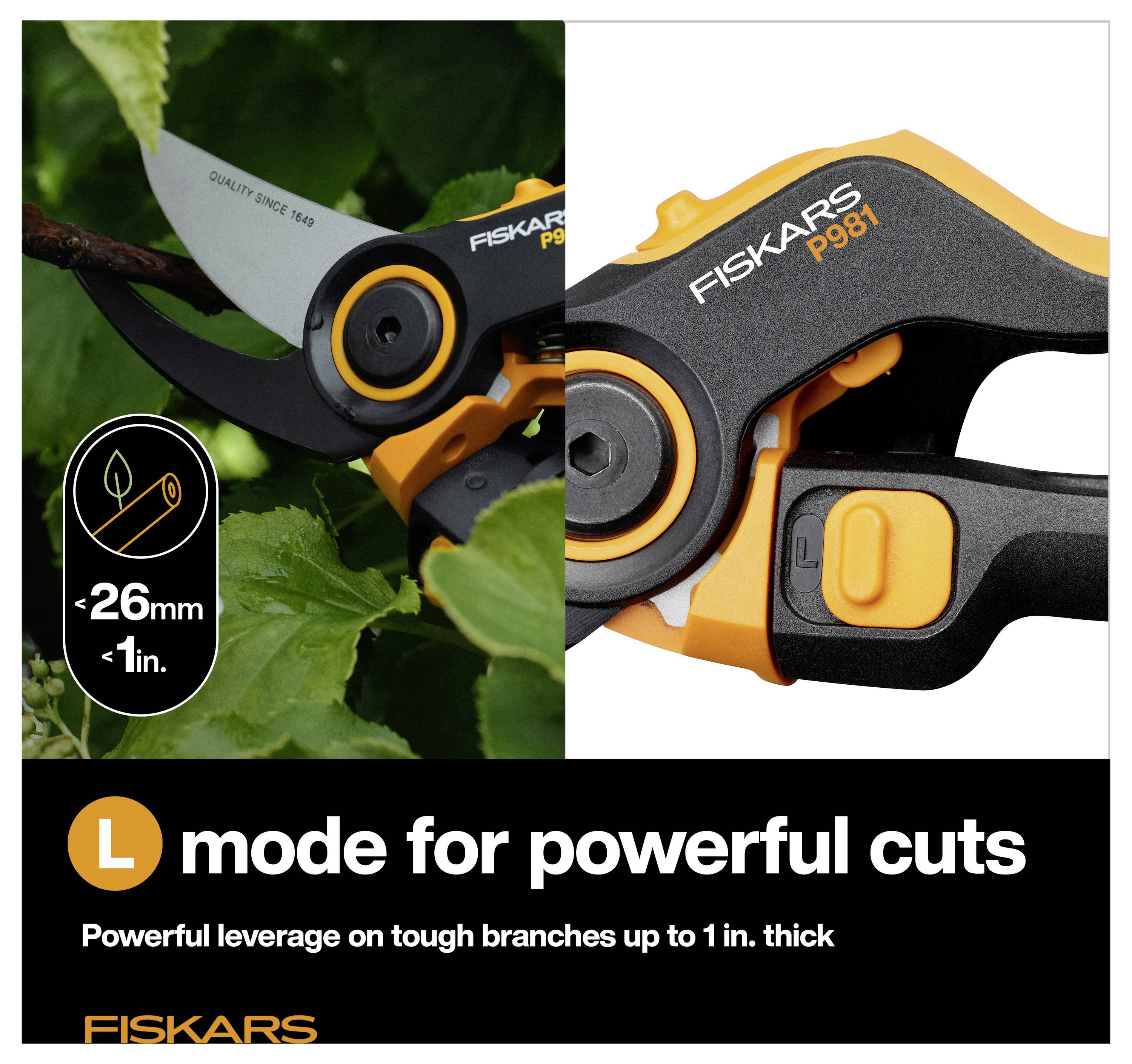 Fiskars L Astschere zum Schneiden von Ästen, gekennzeichnet für kräftige Schnitte und bis zu 1 Zoll dick oder 26 mm.