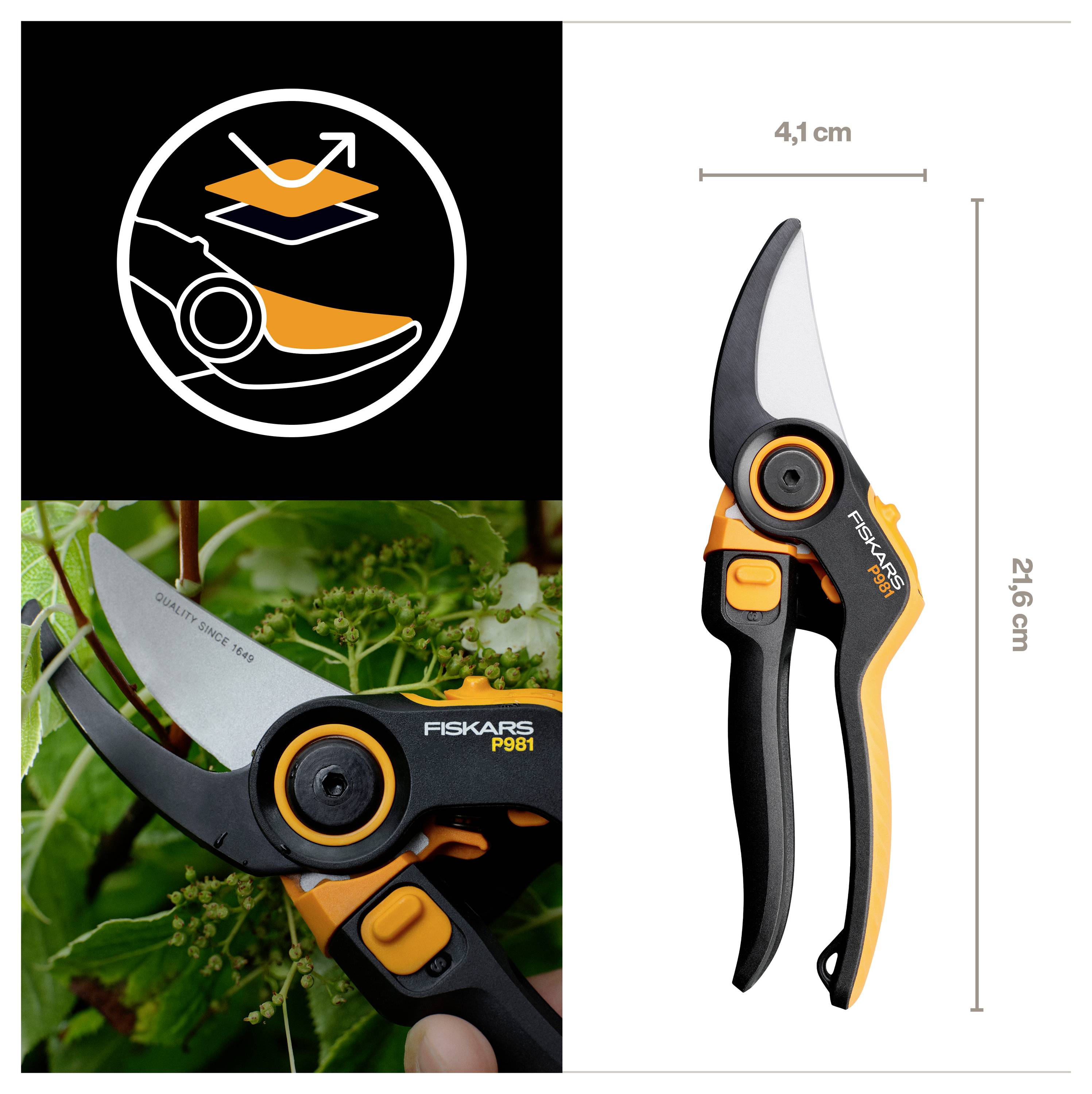 Fiskars P961 Baumschere in Gebrauch und Produktansicht gezeigt, mit Symbol zur Veranschaulichung der Schnittbewegung und Abmessungen von 21,6 cm Höhe und 4,1 cm Breite.