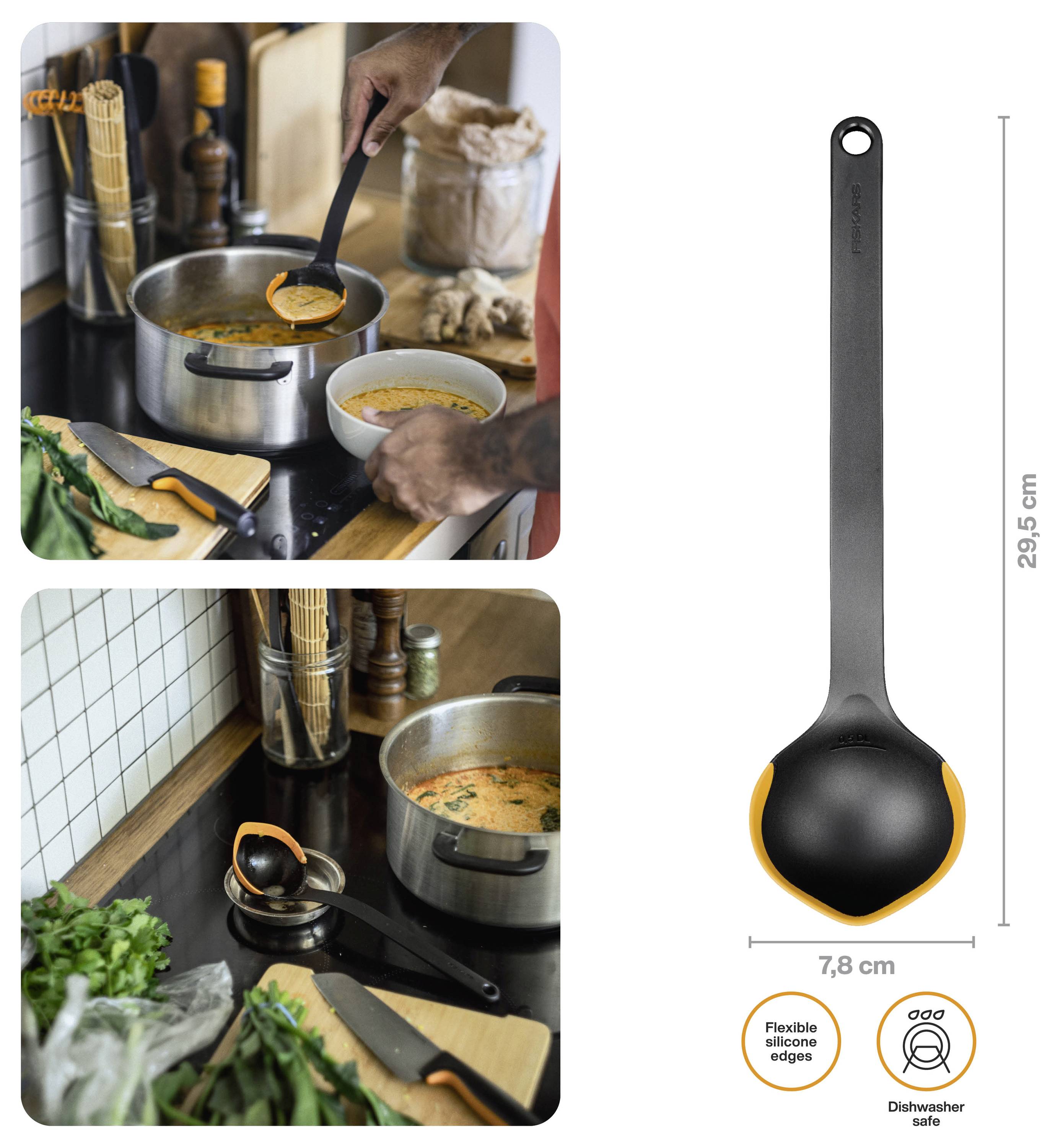 Silikonkelle im Einsatz in einer Küche; Produktabbildung zeigt eine schwarze Kelle mit orangefarbenen Akzenten, 29,5 cm lang und 7,8 cm breit, spülmaschinenfest.