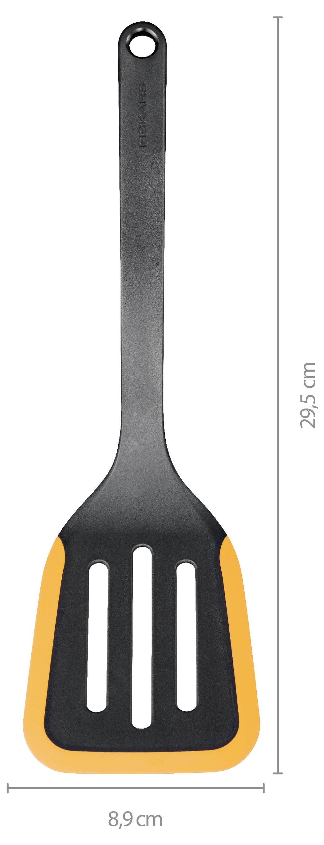 Schwarz-orangler Spatel mit Schlitzen und Aufhängeloch, gezeigt mit den Maßen 29,5 cm Höhe und 8,9 cm Breite.