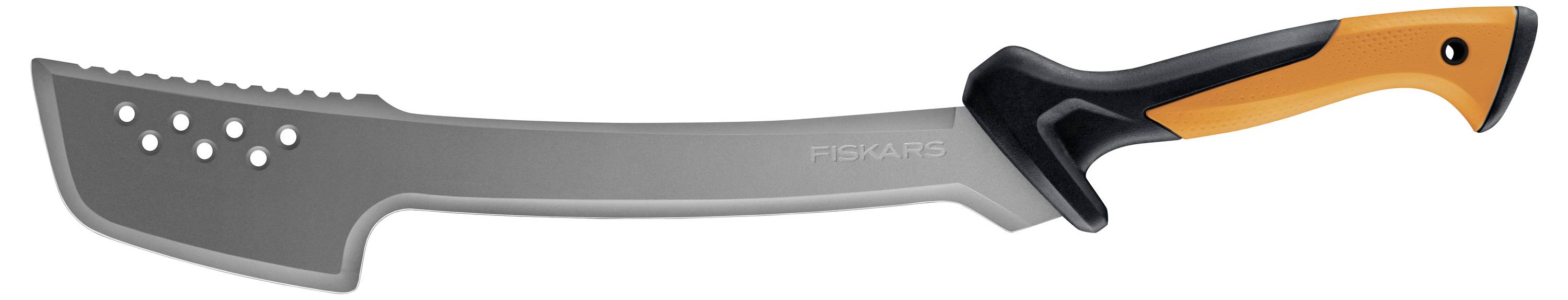Ein Fiskars-ähnliches Messer mit langem Griff und breiter Wellenschliffklinge, grauer Klinge und schwarz-orangem ergonomischem Griff, auf weißem Hintergrund gezeigt.