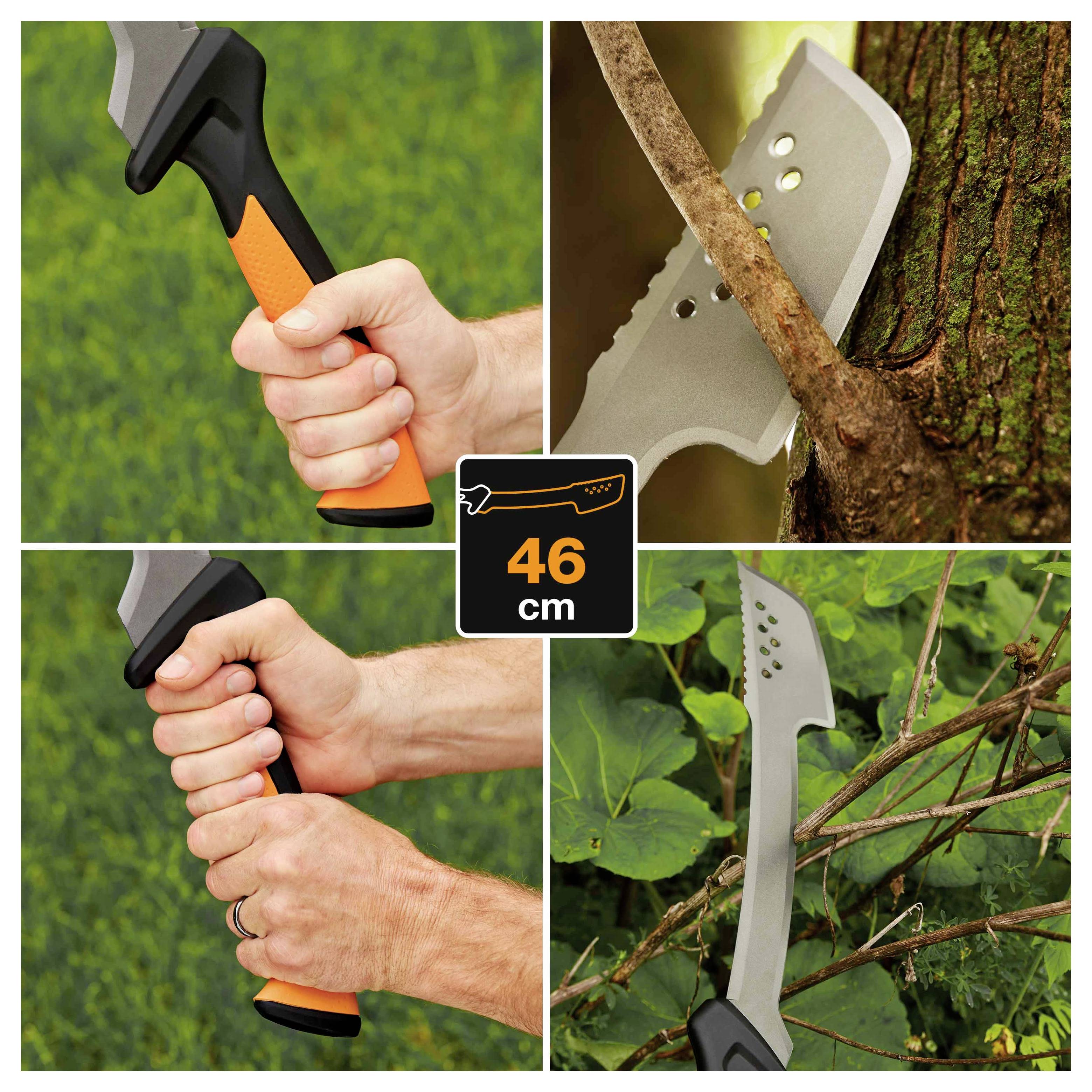 Collage zeigt eine 46 cm lange Machete zum Schneiden von Ästen und zum Freimachen von Vegetation, mit Nahaufnahmen des Griffs und der Klinge bei der Verwendung auf Holz und Gestrüpp.
