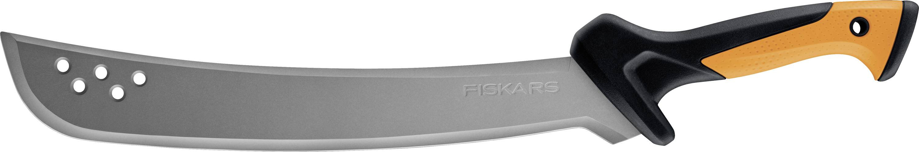 Eine gekrümmte Machete mit silberner Klinge und orange-schwarzem Griff, in Seitenansicht auf weißem Hintergrund dargestellt.