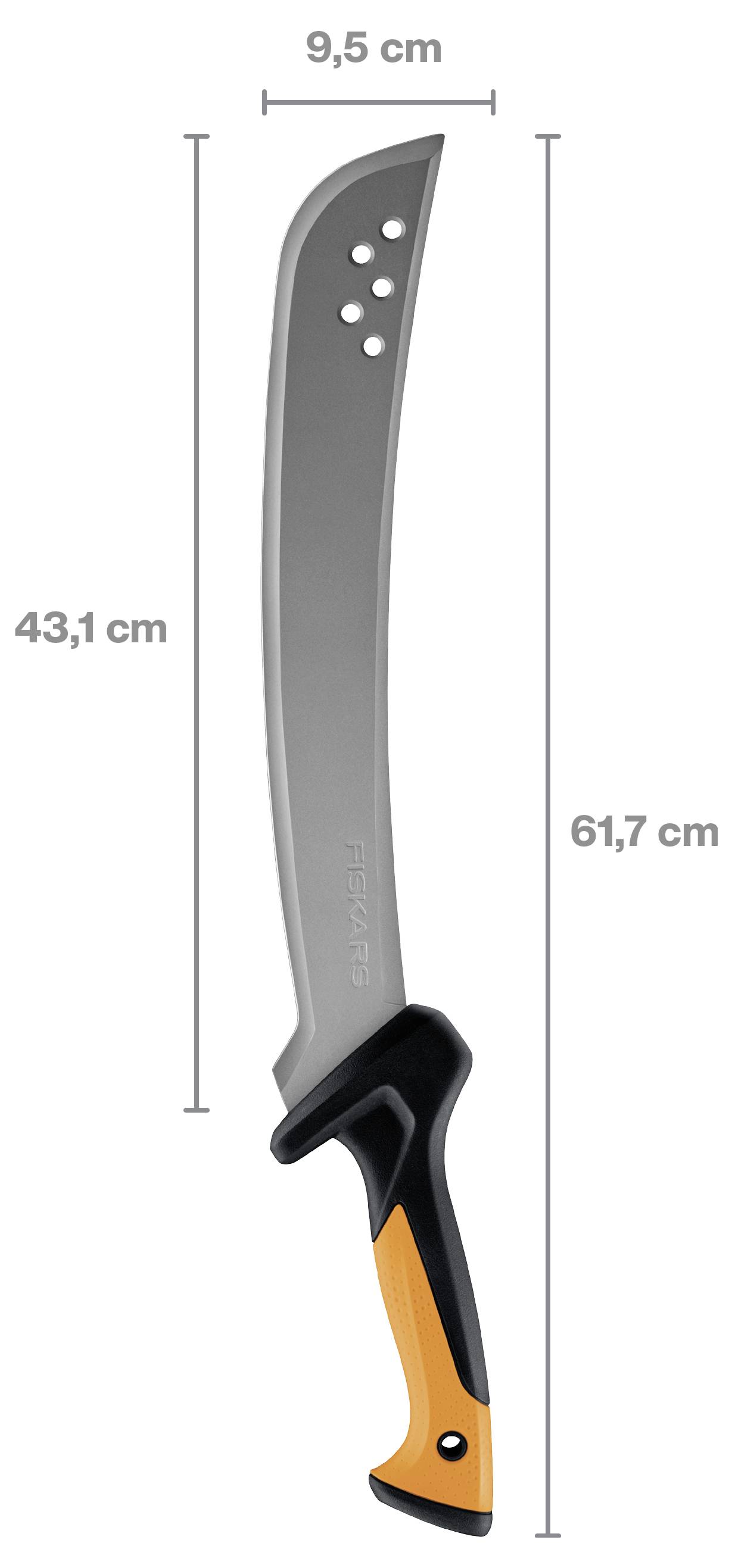 Maßzeichnung eines gekrümmten Messers oder einer Machete mit einer Gesamtlänge von 61,7 cm, einer Klingenlänge von 43,1 cm und einer Breite von 9,5 cm.