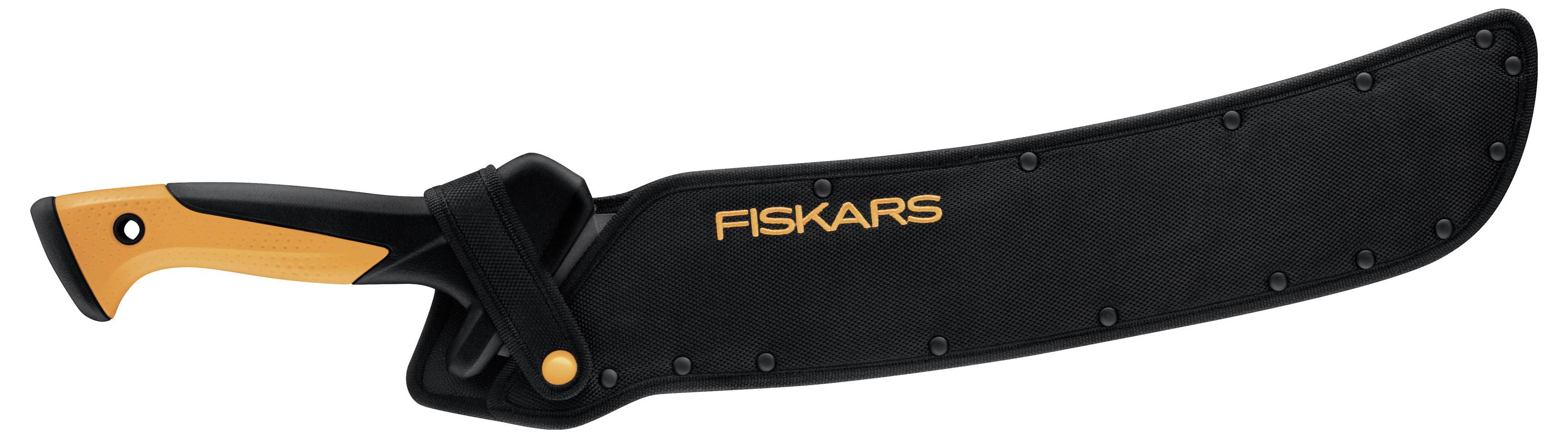 Schwarzes Fiskars-Messer in schwarzer Scheide mit orangefarbenem Griff, in Seitenansicht auf weißem Hintergrund gezeigt.