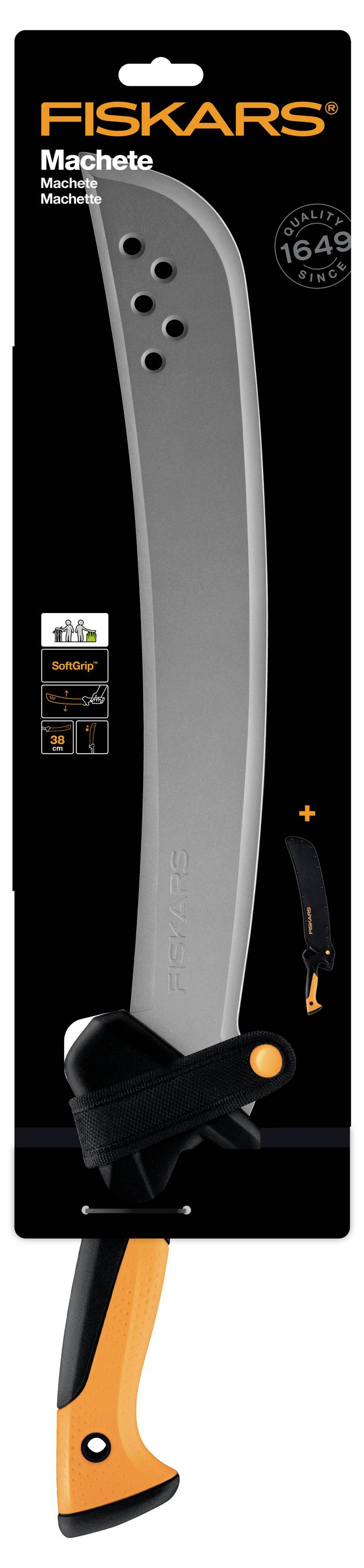 Verpackung für eine Fiskars-Machete, die eine gekrümmte silberne Klinge mit schwarzem Griff und orangefarbenen Akzenten auf schwarzem Hintergrund zeigt.