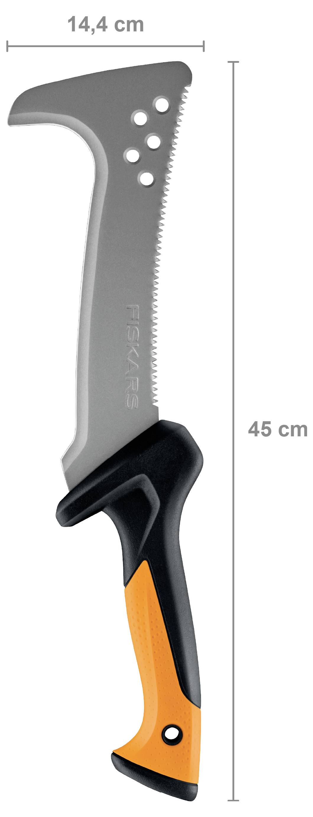 Grau-orangene Schneidschneide mit ergonomischem Griff, dargestellt mit Abmessungen von 14,4 cm Breite und 45 cm Länge.