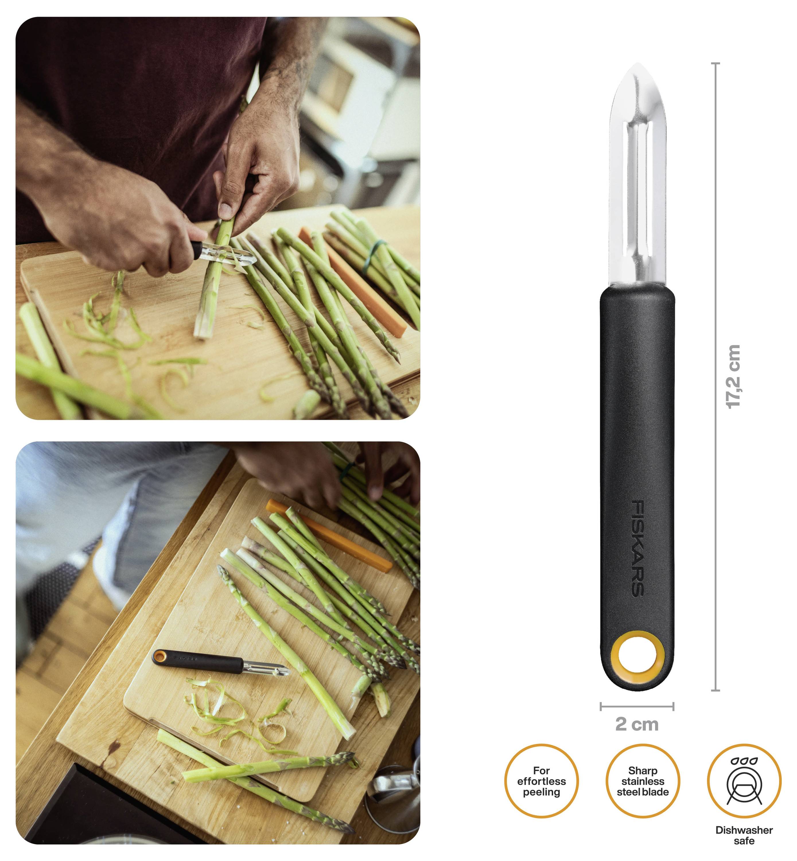 Abbildung eines Fiskars-Gemüseschälers: Zwei Fotos zeigen das Schälen von Spargel auf einem Schneidebrett, mit Produktbild und Größenangaben 17,2 cm x 2 cm sowie Anmerkungen für mühelloses Schälen, scharfe Edelstahlklinge, spülmaschinenfest.