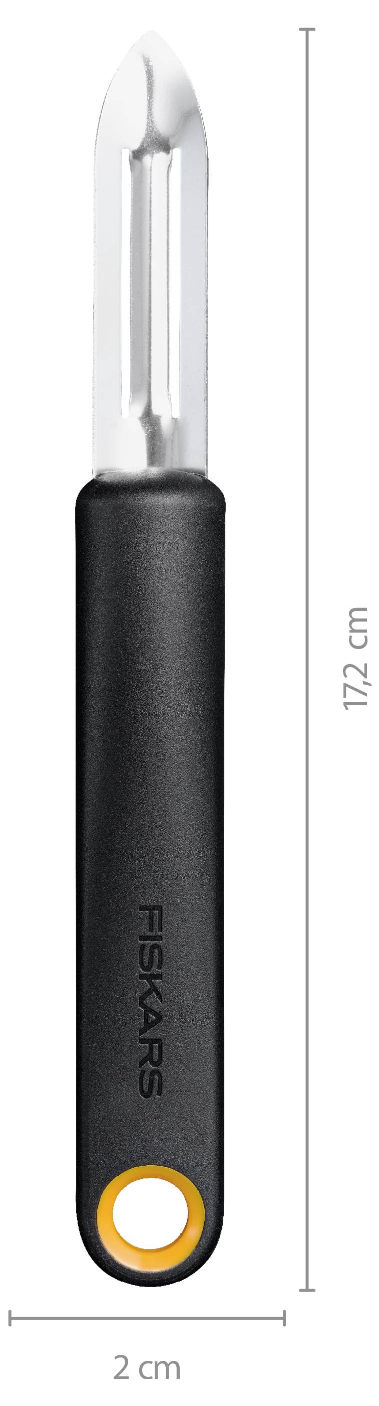 Schwarzes Fiskars-Handwerksmesser mit silberner Klinge, vertikal dargestellt mit markierten Abmessungen: 17,2 cm Höhe und 2 cm Breite.