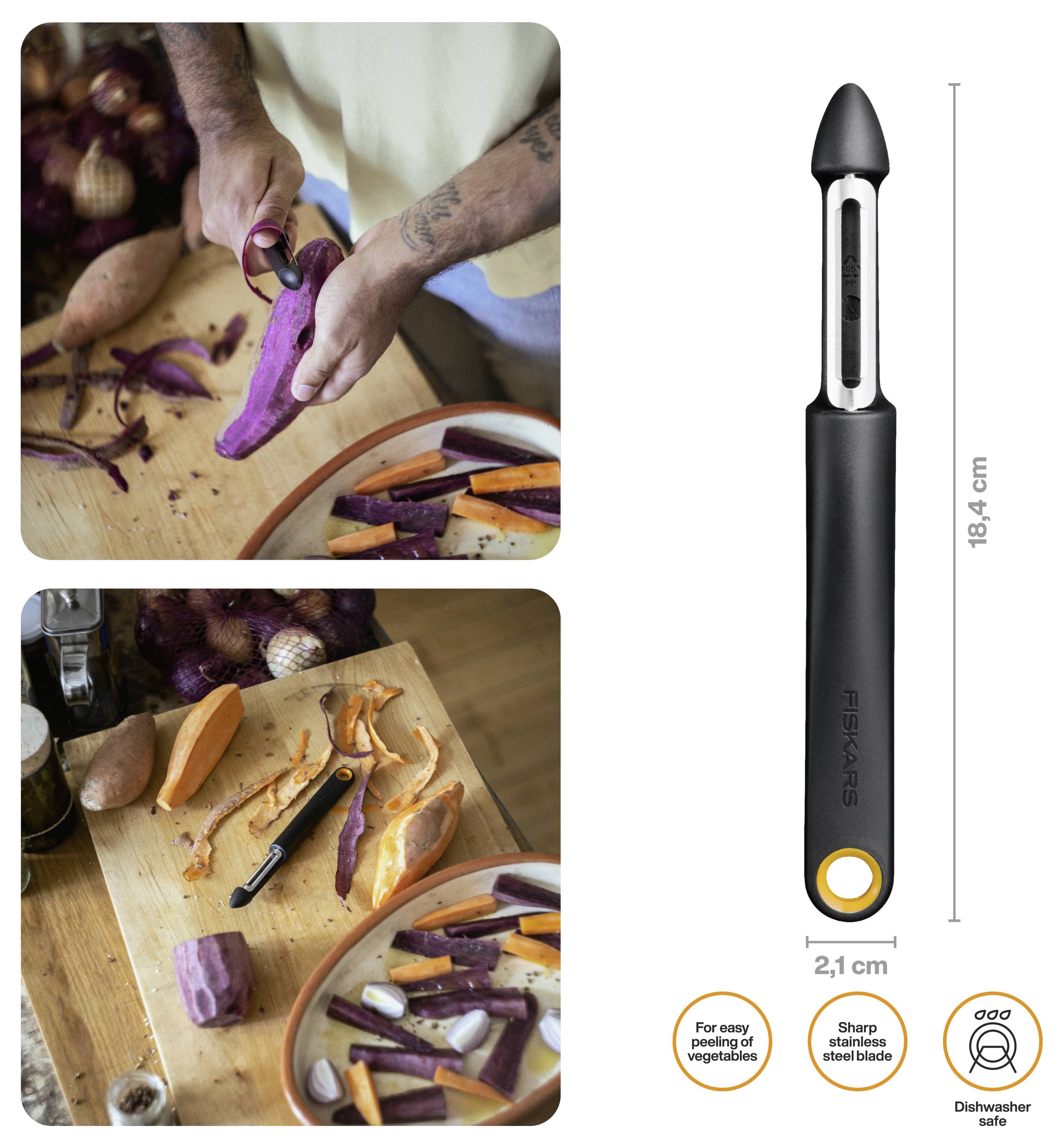 Produktbild eines Gemüseschälers, das Hände zeigt, die violette und orange Wurzelgemüse schälen, mit dem Schäler aufrecht angezeigt und mit der Bezeichnung 18,4 cm groß und 2,1 cm breit.