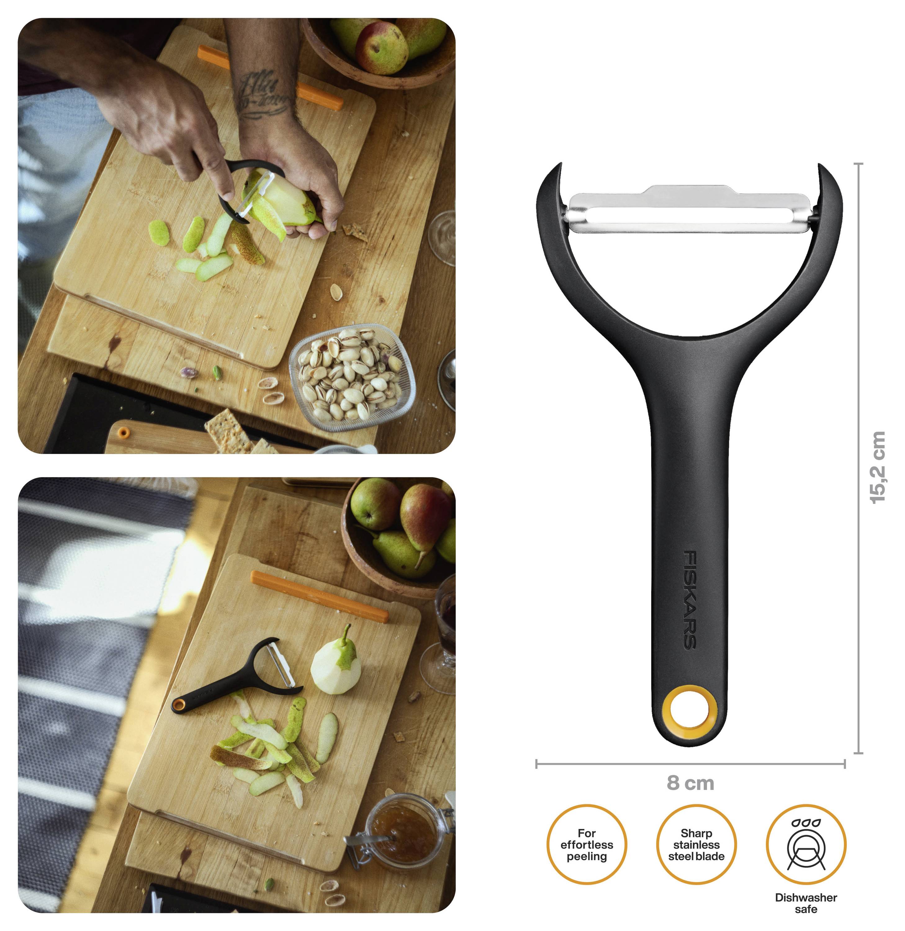 Produktbild zeigt einen Fiskars Y-Schäler und zwei Fotos davon, wie er eine Birne auf einem Schneidebrett schält; Etiketten vermerken scharfe Edelstahlklinge, müheloses Schälen und spülmaschinenfest.