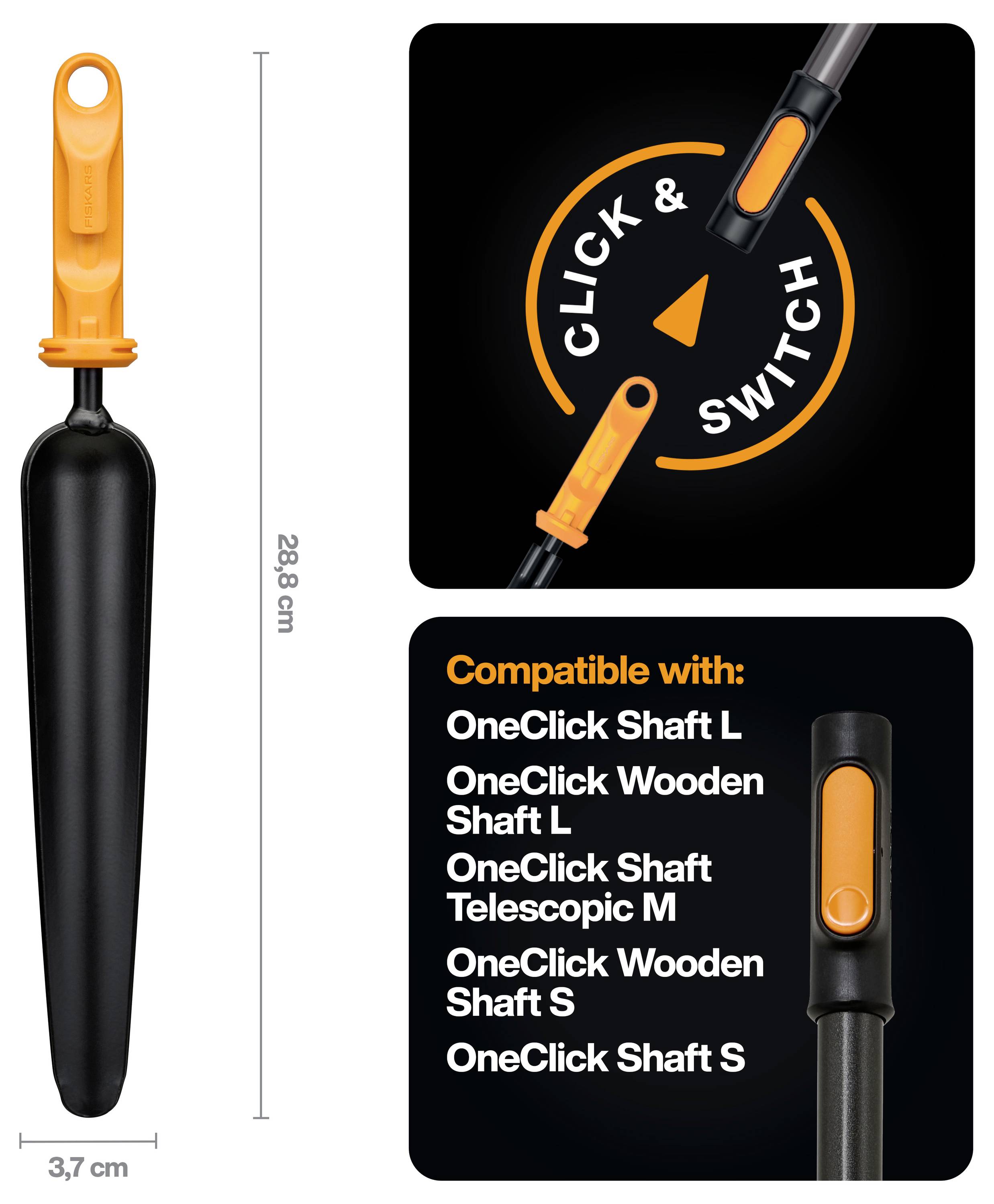 Abbildung einer Schnellwechsel-Werkzeuggriffaufsatz, 28,8 cm lang und 3,7 cm breit, kompatibel mit OneClick-Schaftmodellen L, Holz L, Teleskop M, Holz S und S.