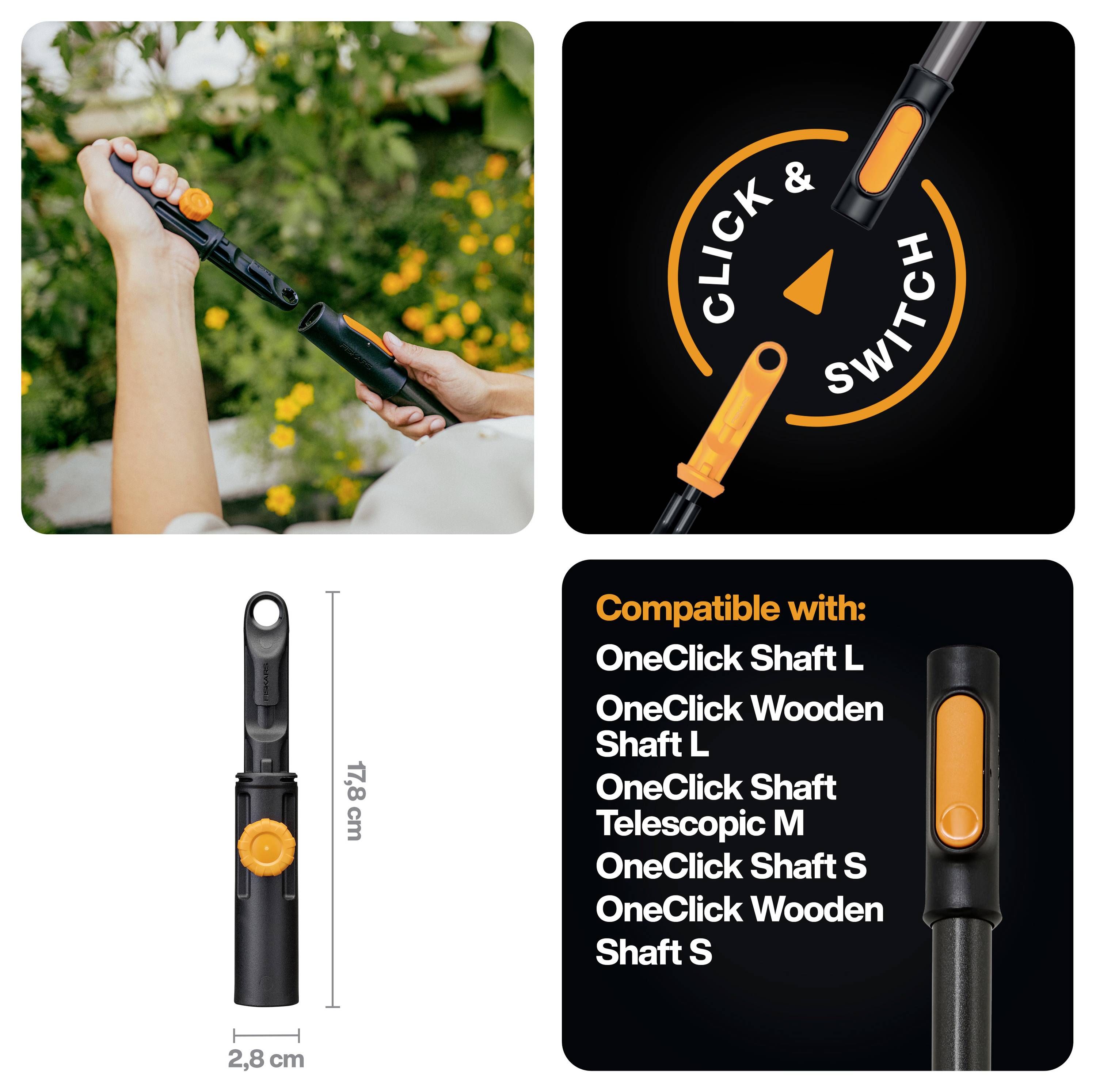 Produktanzeige für einen Klick-und-Wechsel-Gartenwerkzeugschaft, der angebracht und verwendet wird, mit einer Kompatibilitätsliste für OneClick-Schaftmodelle und Abmessungen von 17,8 cm x 2,8 cm.