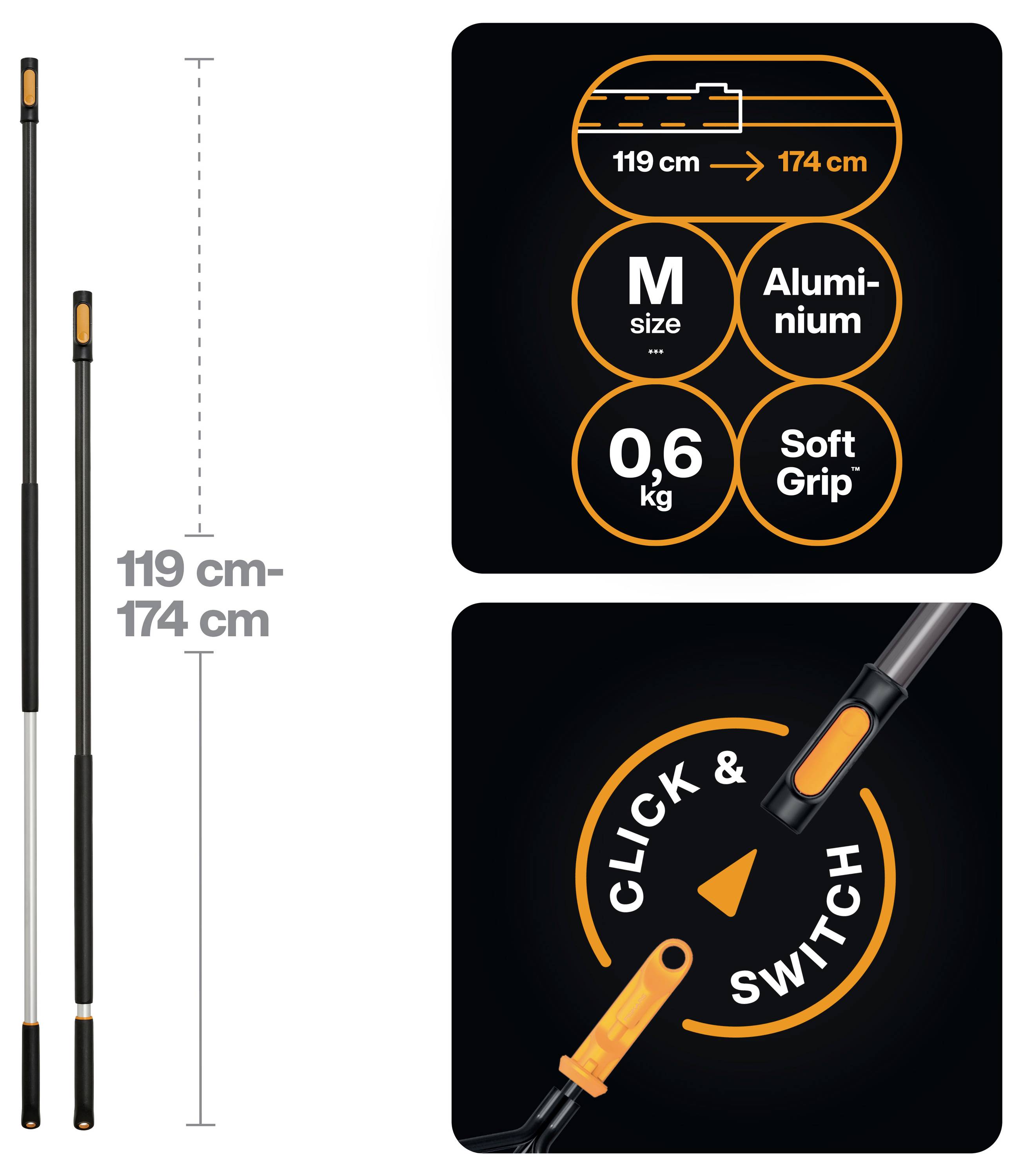 Verstellbarer Teleskopstab verlängert sich von 119 cm auf 174 cm, aus Aluminium, Größe M, 0,6 kg, mit weichem Griff und Klick-und-Umschalt-Verriegelung.