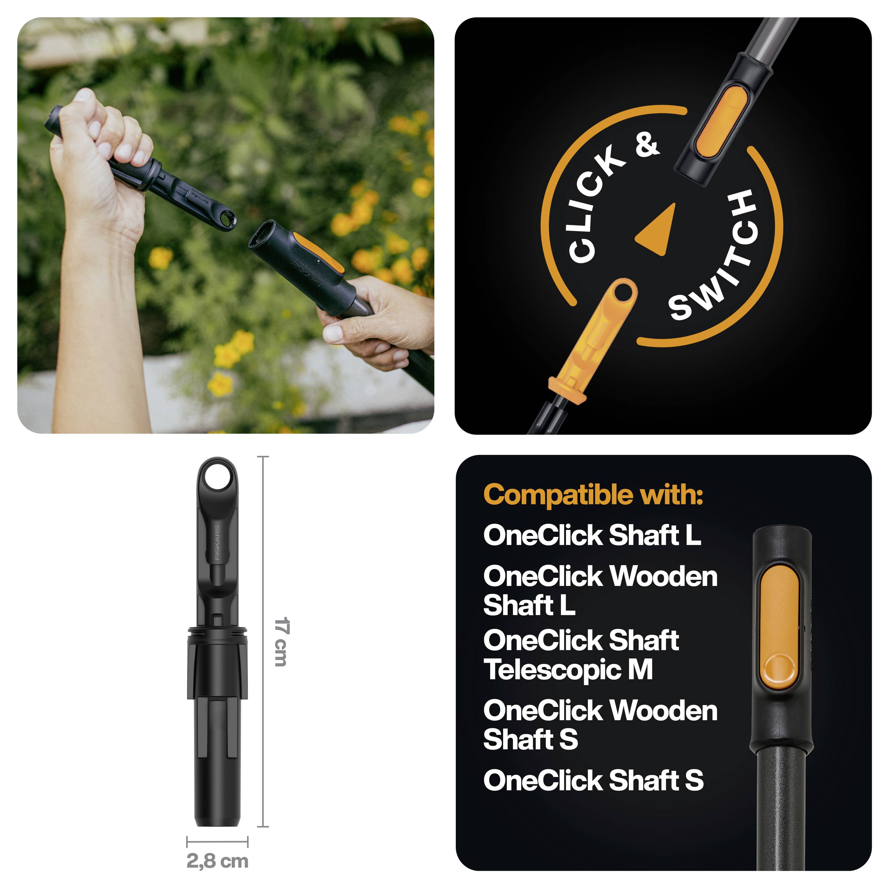 Produktgrafik zeigt einen OneClick austauschbaren Werkzeuggriff mit „Click & Switch