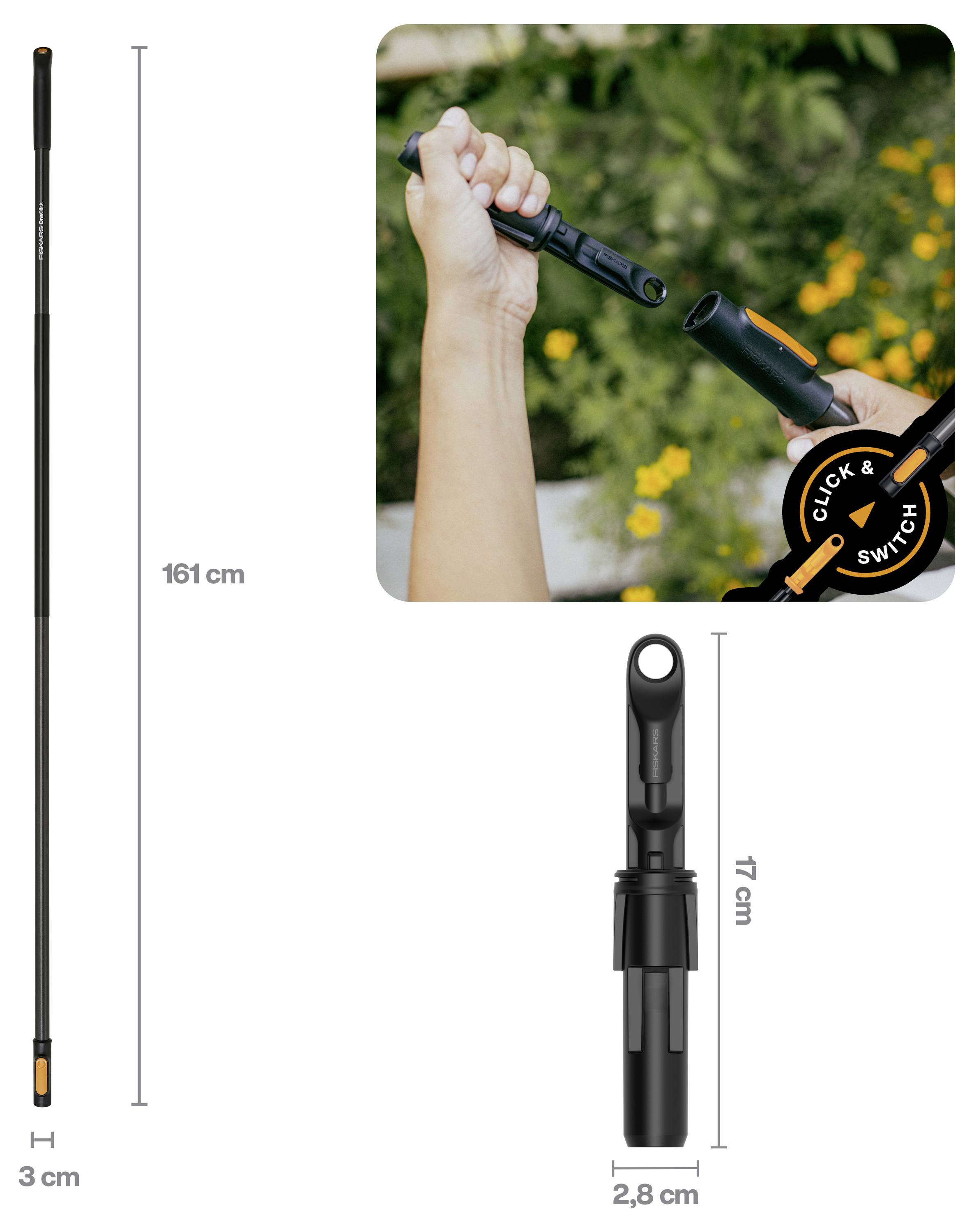 Teleskopstange in Schwarz mit orangefarbenen Akzenten, 161 cm lang und 3 cm breit; die Detailansicht zeigt eine Hand, die sie mit der Funktion „CLICK & SWITCH