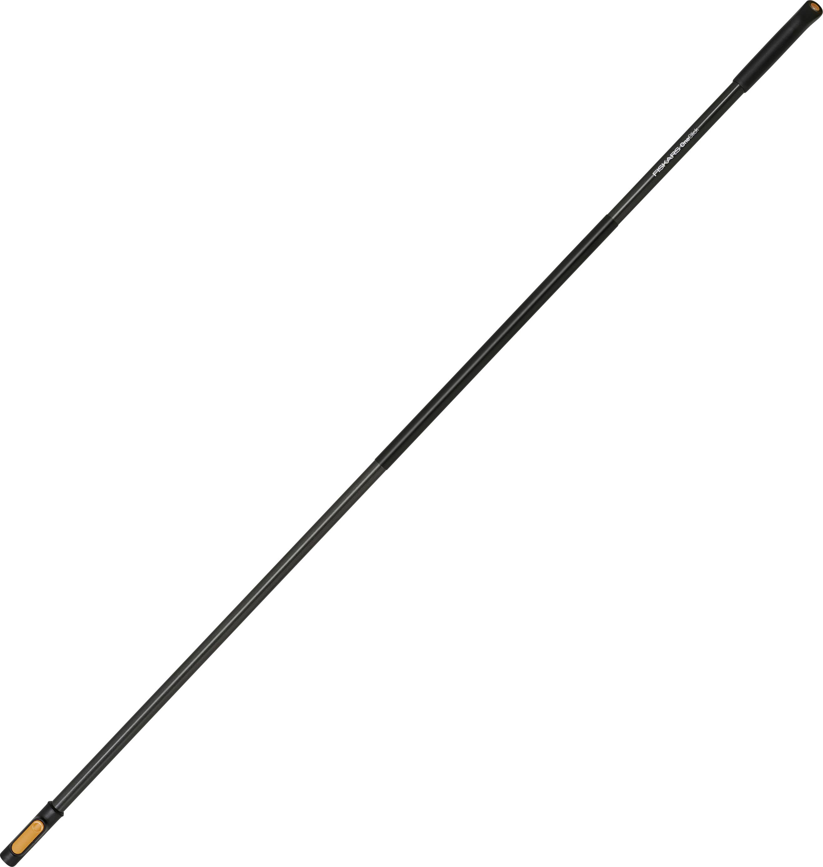 Schwarzer Teleskopstab oder Teleskopstange mit orangefarbenen Endkappen, diagonal auf weißem Hintergrund abgebildet.