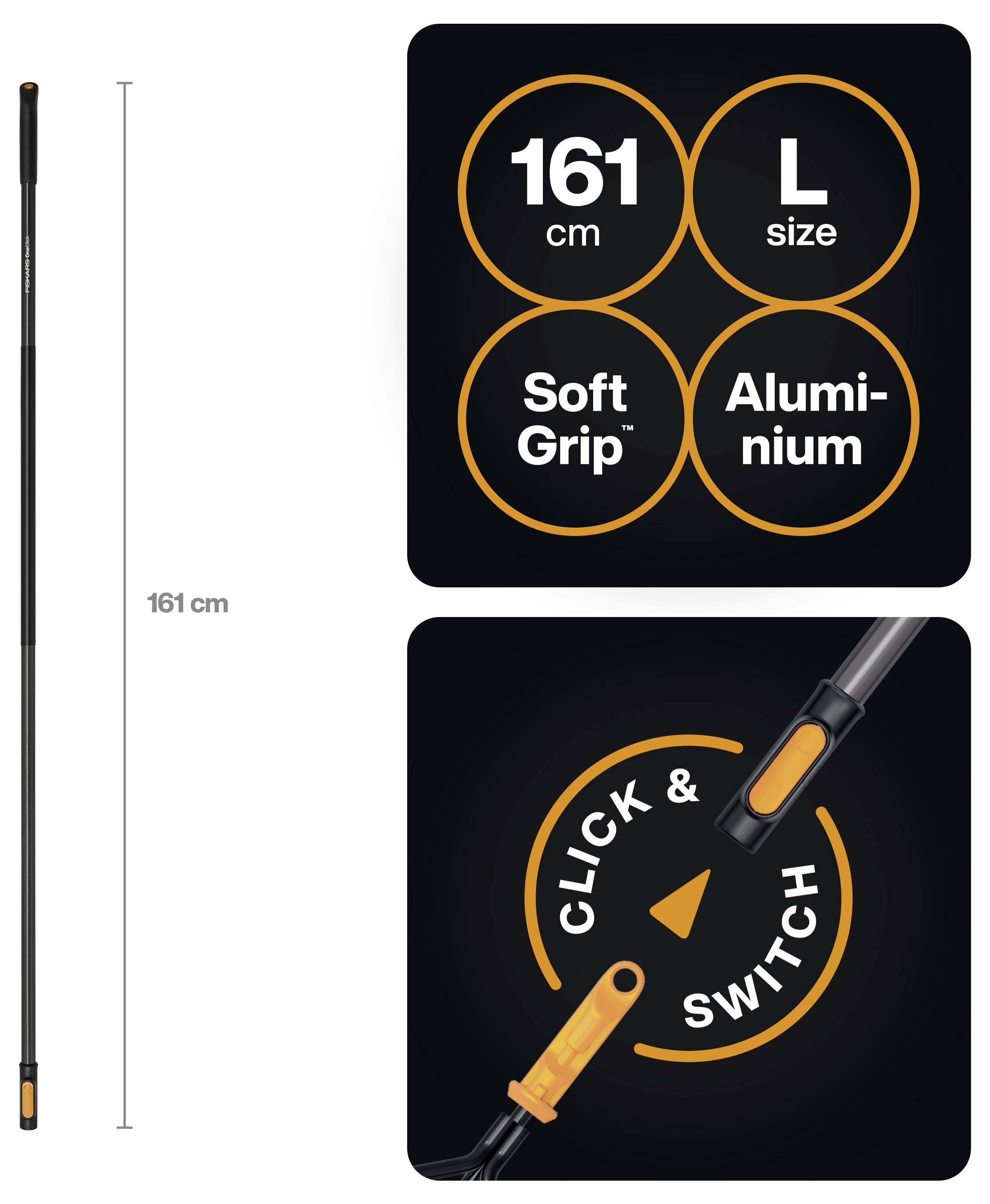 Regenschirm-Produktgrafik mit einem 161 cm langen großformatigen Aluminium-Regenschirm mit weichem Griff und Klick-Umschalt-Öffnungsmechanismus.