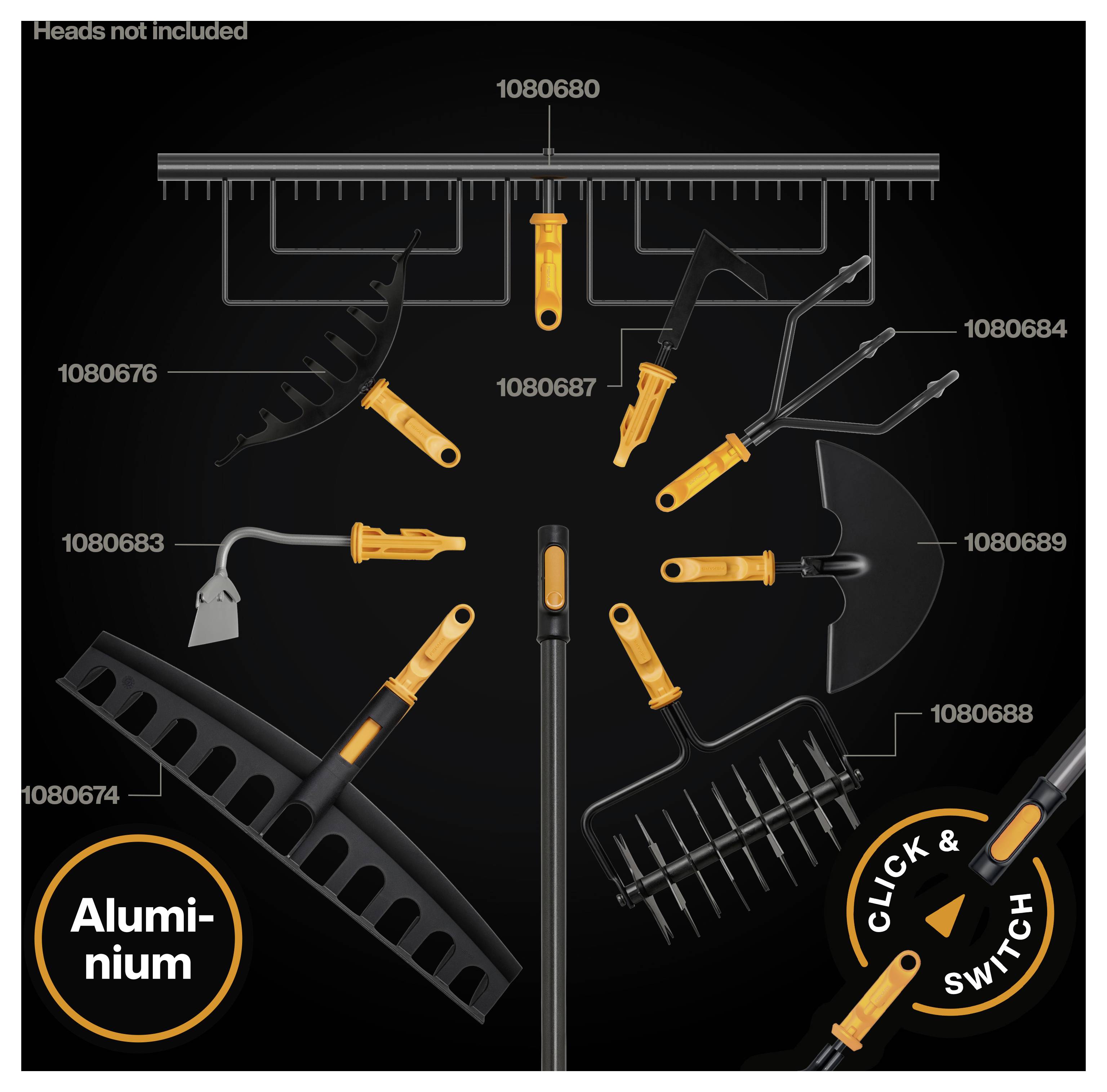 Diagramm von austauschbaren Aluminium-Werkzeugköpfen und Aufsätzen, die um einen Griff angeordnet sind, beschriftet mit „Aluminium