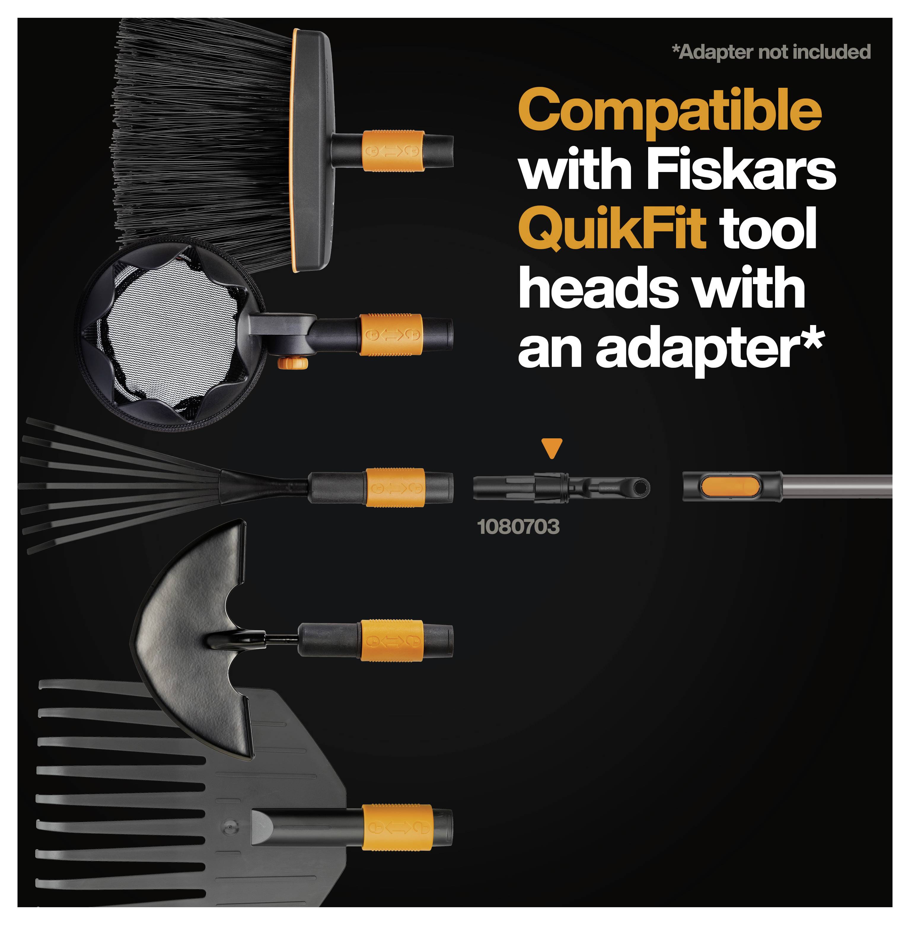 Werbegrafik zeigt mehrere Fiskars QuikFit-Werkzeugköpfe und einen Adapter, mit Text: „Kompatibel mit Fiskars QuikFit-Werkzeugköpfen mit einem Adapter*