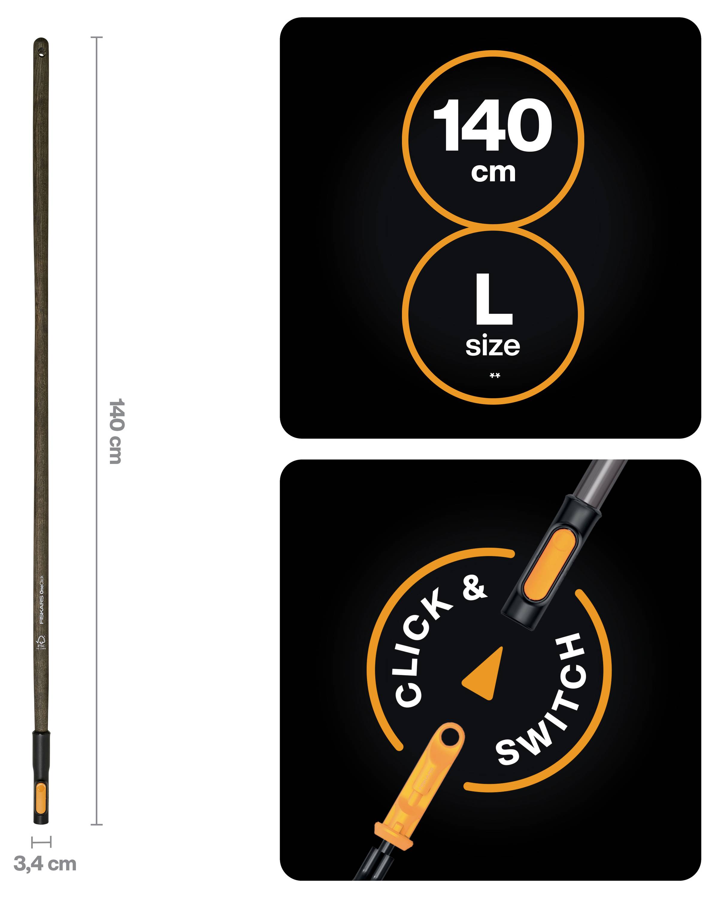 Produktgrafik einer 140 cm großen L-förmigen Stange mit 3,4 cm Breite und einem Click-and-Switch-Verbinder in Gebrauch.
