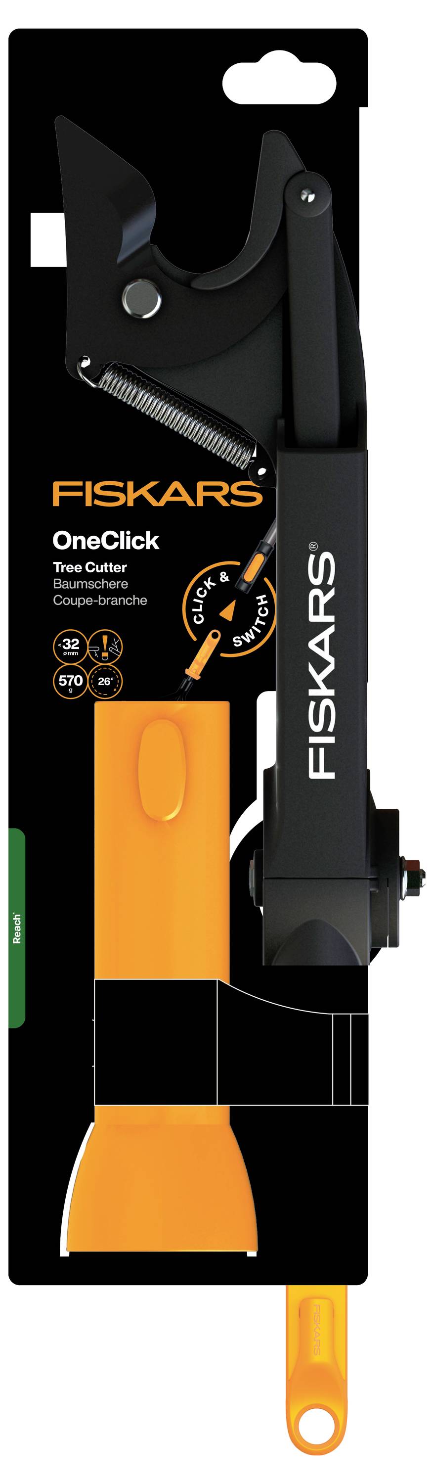 Paket der Fiskars OneClick Baumschere mit Stoßfänger mit schwarzen und orangefarbenen Werkzeugen, die auf einer Produktschachtel gezeigt werden.