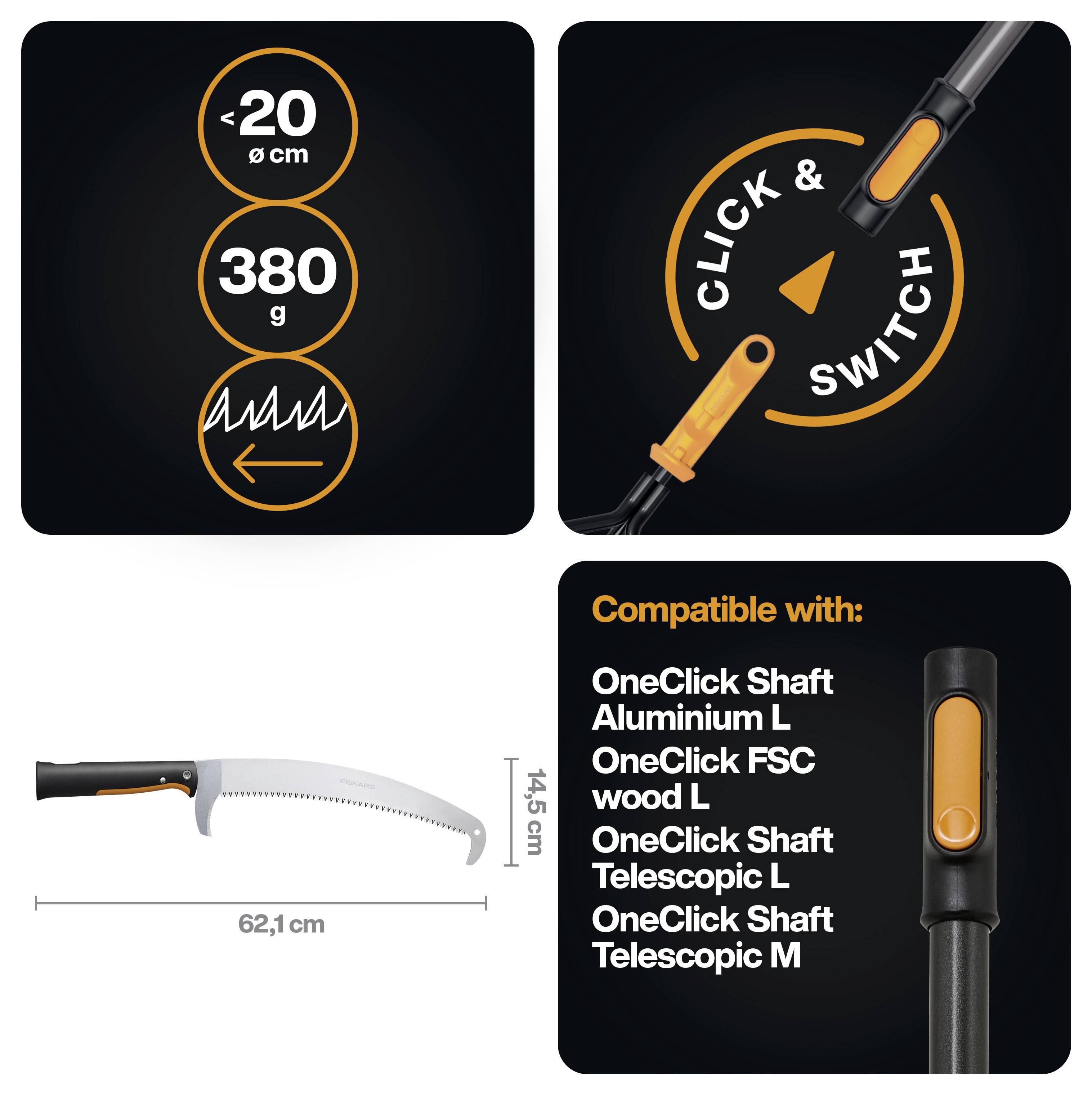 Produktgrafik für eine Klappsäge zum Beschneiden: unter 20 cm zusammengeklappt, 380 g, 62,1 cm Sägeblatt, 14,5 cm Griff, Kompatibilität mit Click-and-Switch-Schaft aufgeführt.