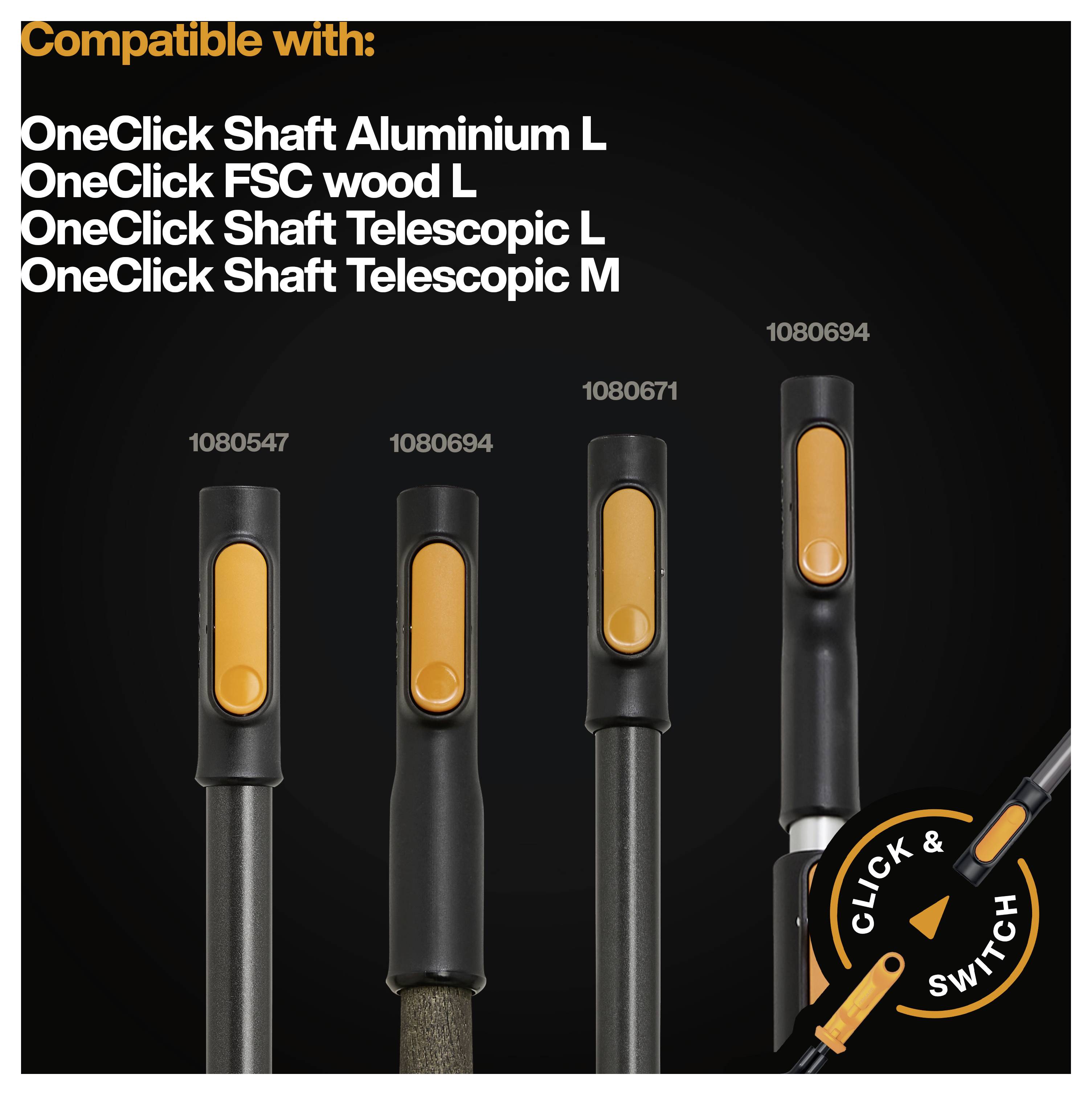 Produktkompatibilitätsgrafik mit Auflistung von „OneClick Schaft Aluminium L