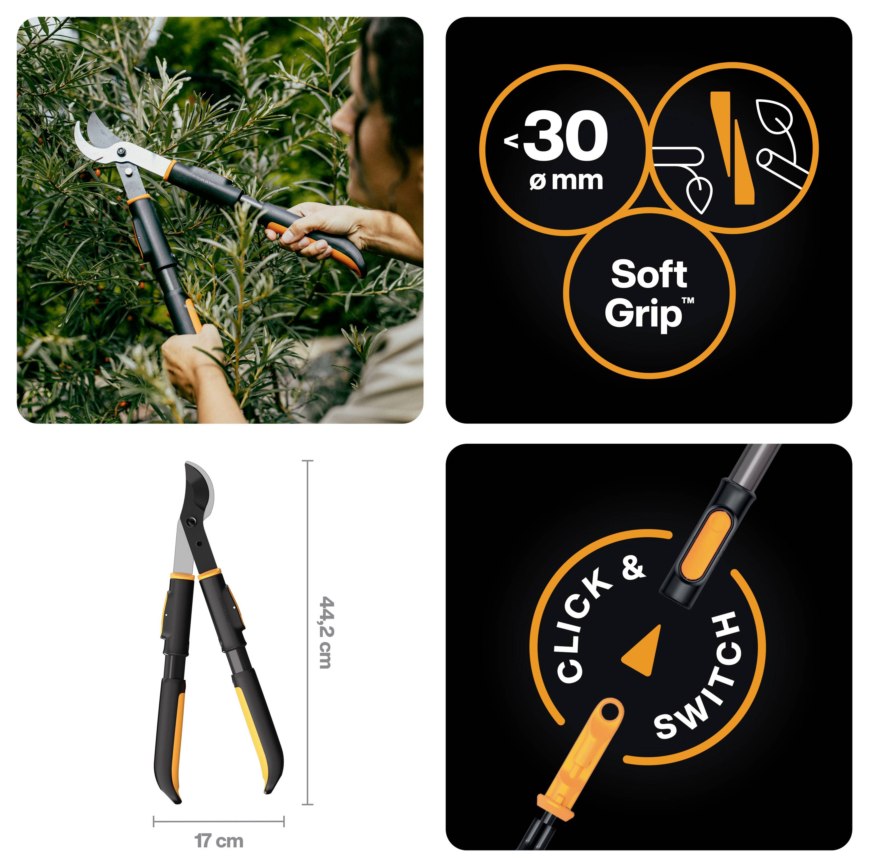 Collage zeigt Astscheren in Gebrauch und Produktmerkmale: schneidet Äste bis 30 mm, weicher Griff, 44,2 cm Länge und Klick-und-Wechsel-Griffverriegelung.