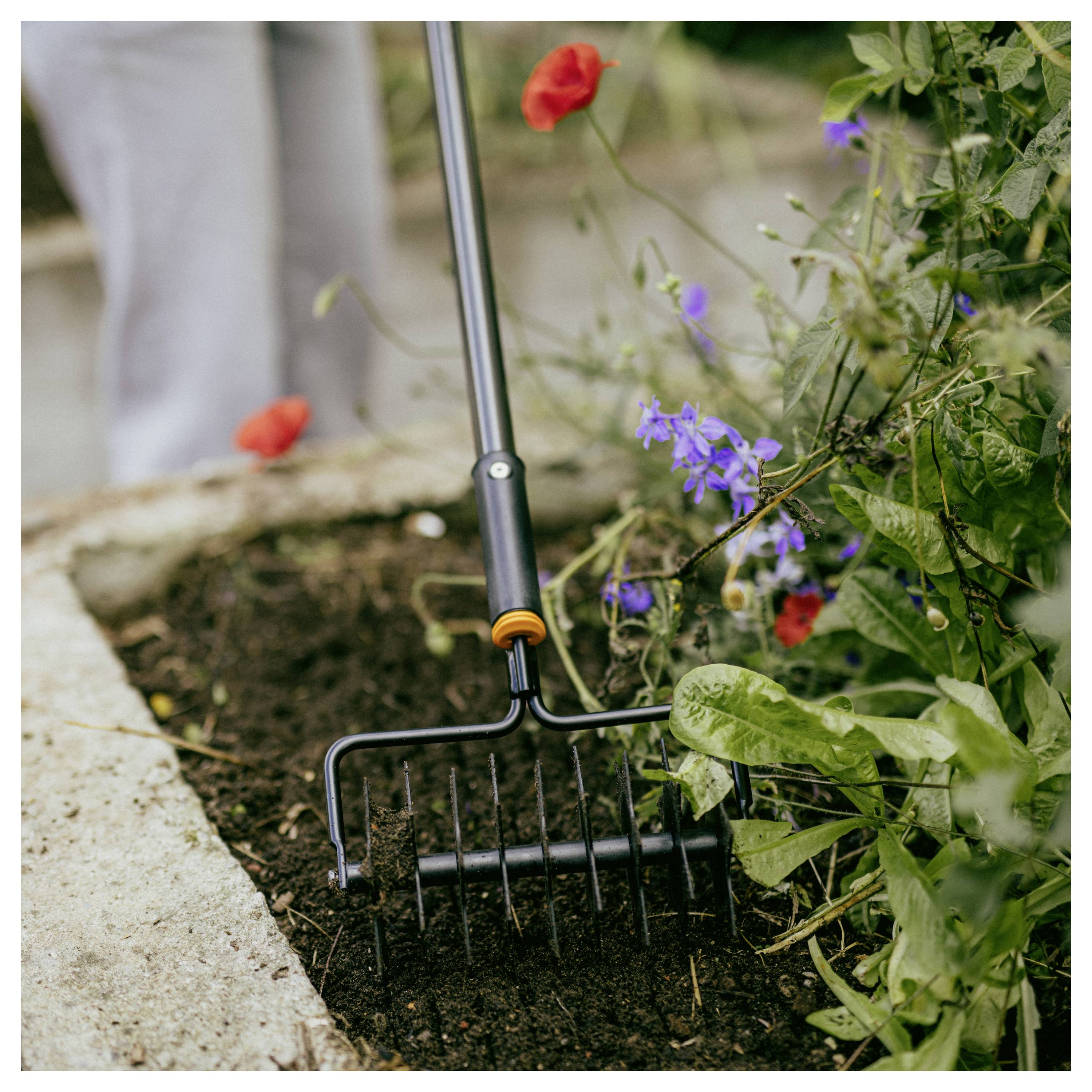 Eine Gartenkralle lockert Erde neben blühenden Pflanzen in einem Pflanzenbeet auf.