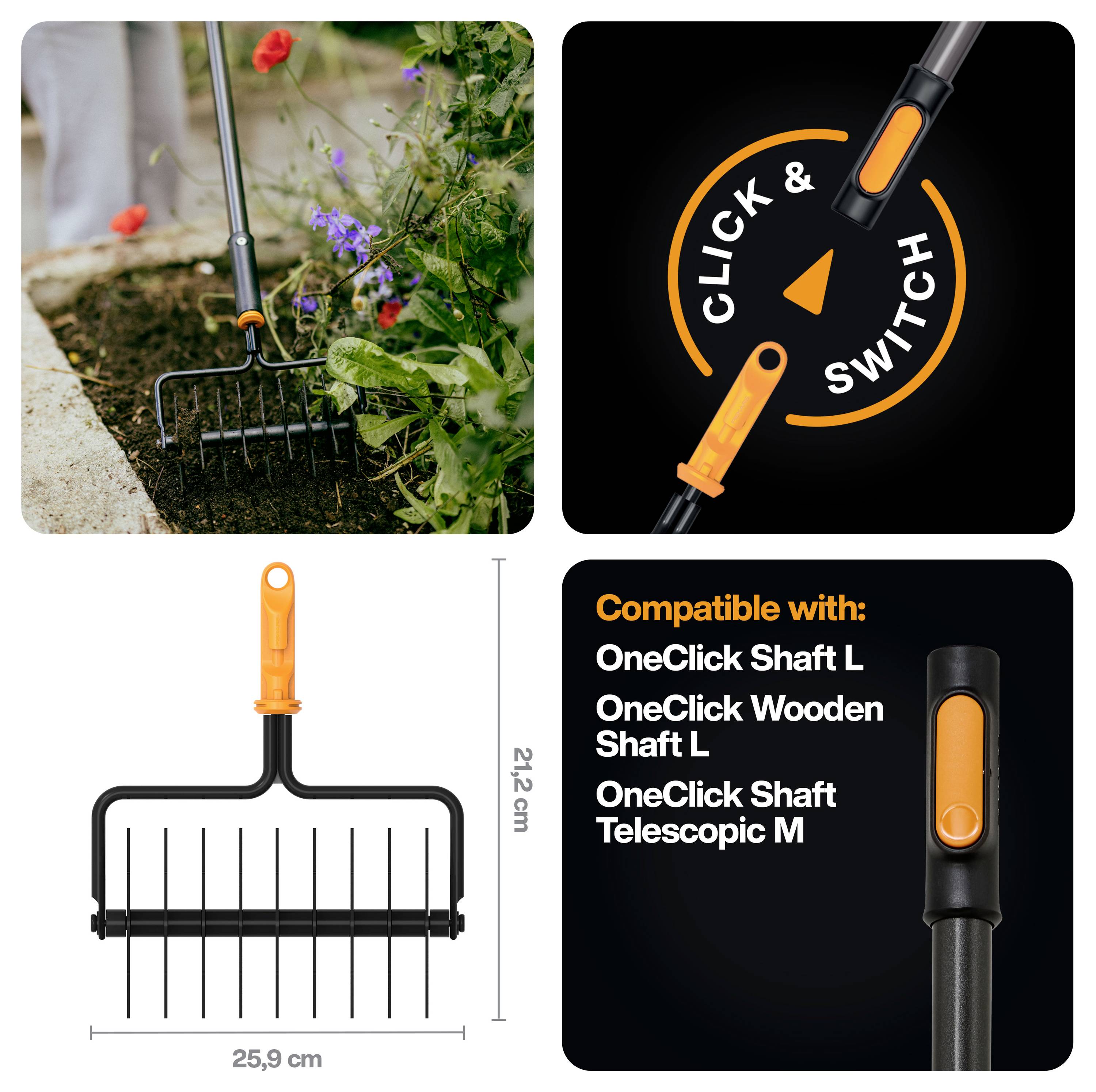 Produktgrafik für einen Gartenrechen mit austauschbarem 