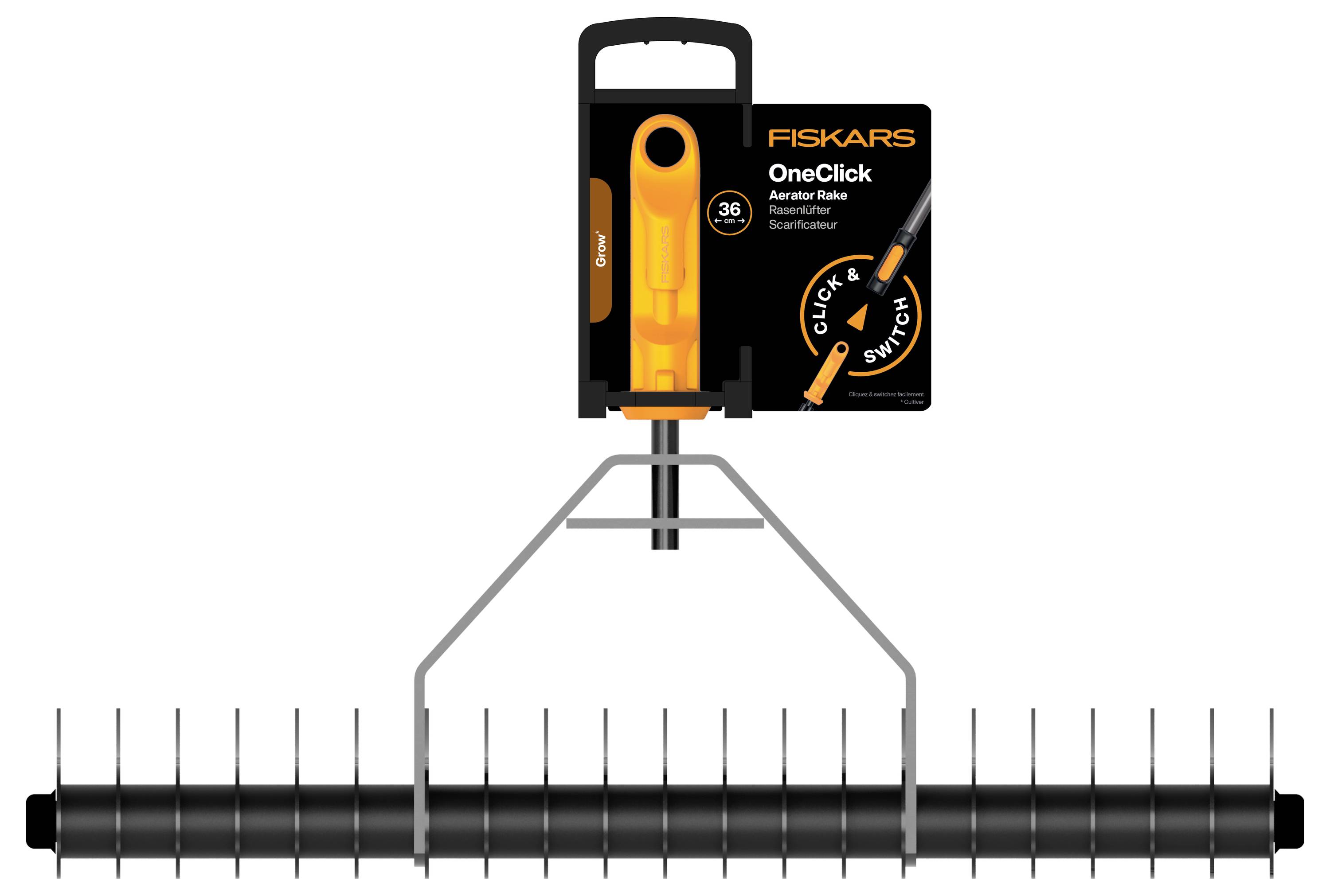 Fiskars OneClick Belüftungsrechen in der Verpackung gezeigt, mit einem schwarzen Rechenkopf und orangefarbener Griffbefestigung auf weißem Hintergrund.