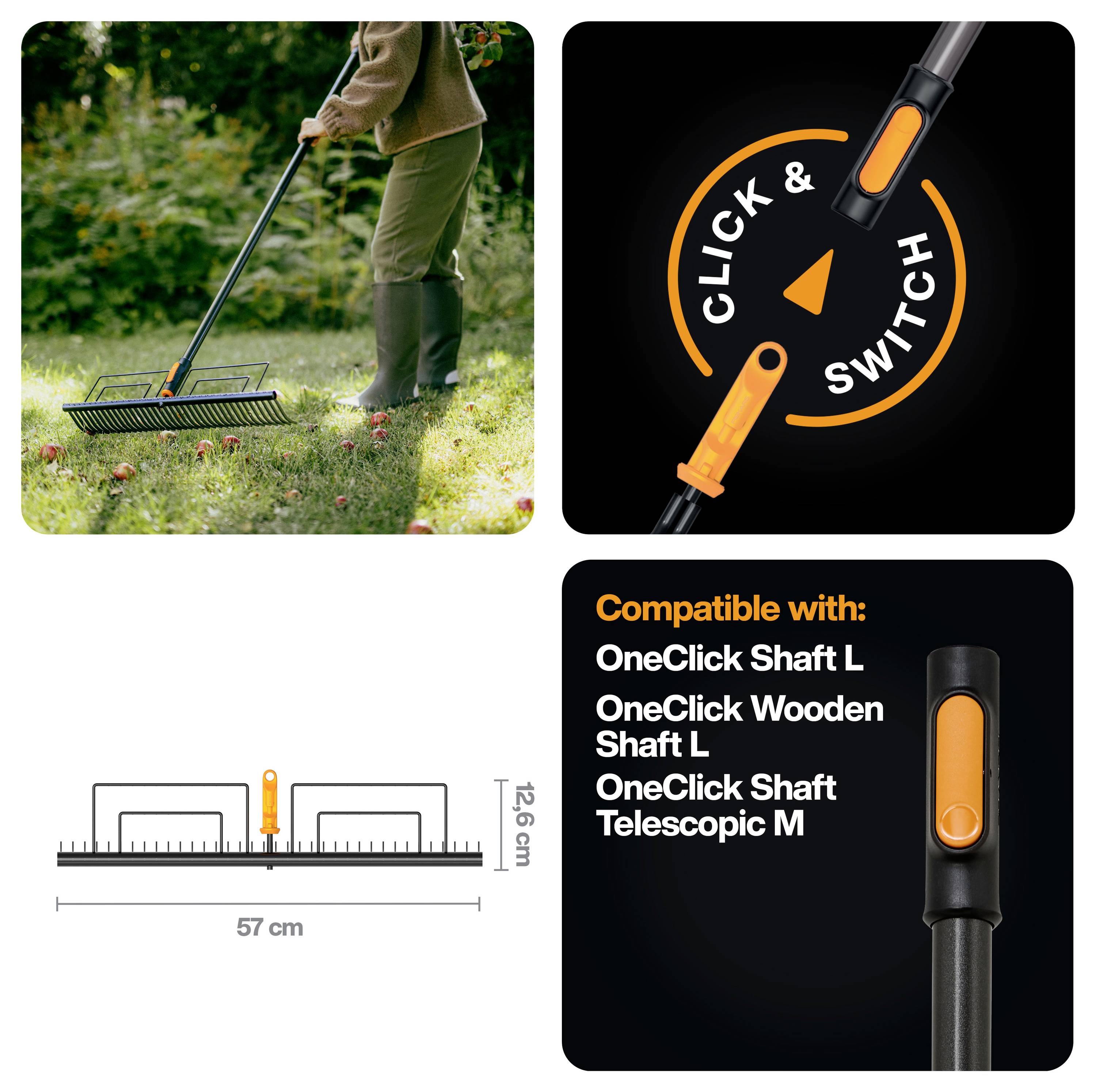 Werbekollage für ein austauschbares Gartenwerkzeugsystem: Foto zum Rasenrechen, Logo „CLICK & SWITCH