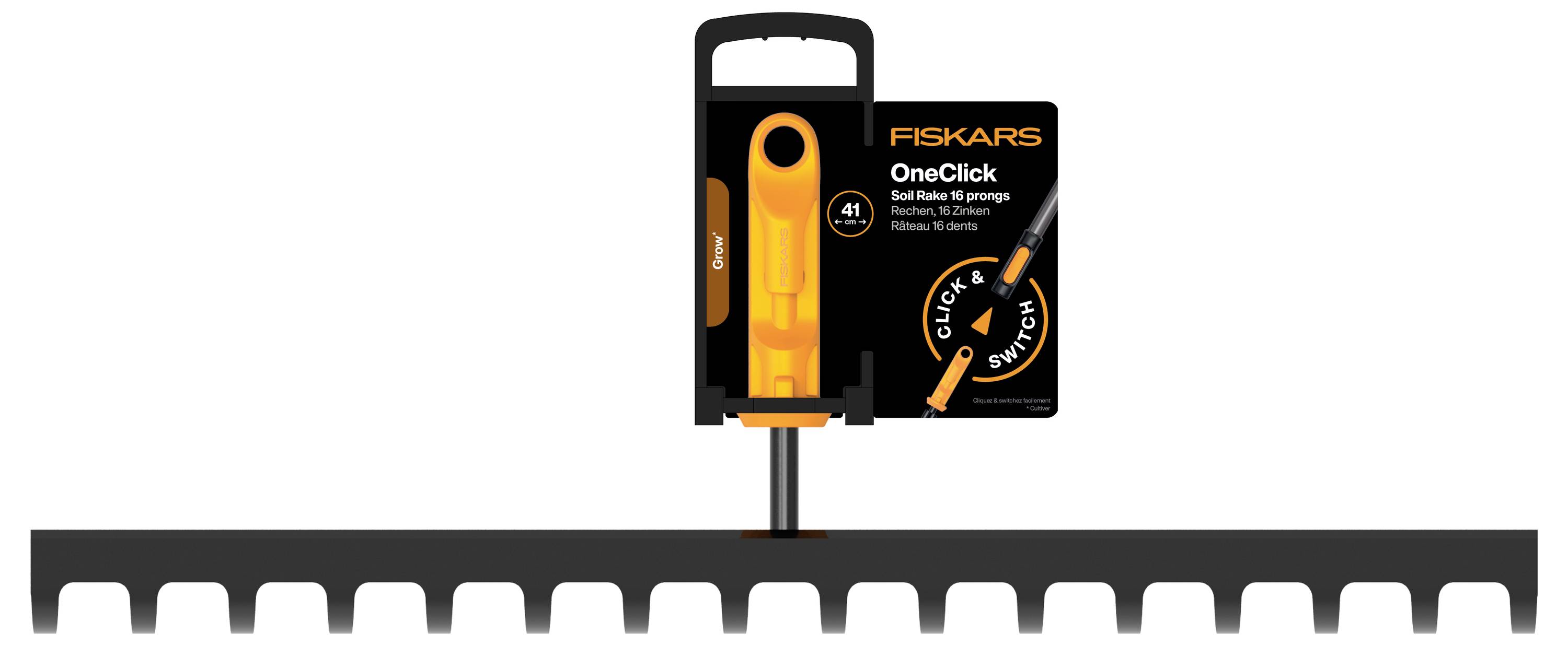 Fiskars OneClick Heckenschere mit orangefarbenem Griff und schwarzem Schutzüberzug, oben über einer langen Heckenschere gezeigt.