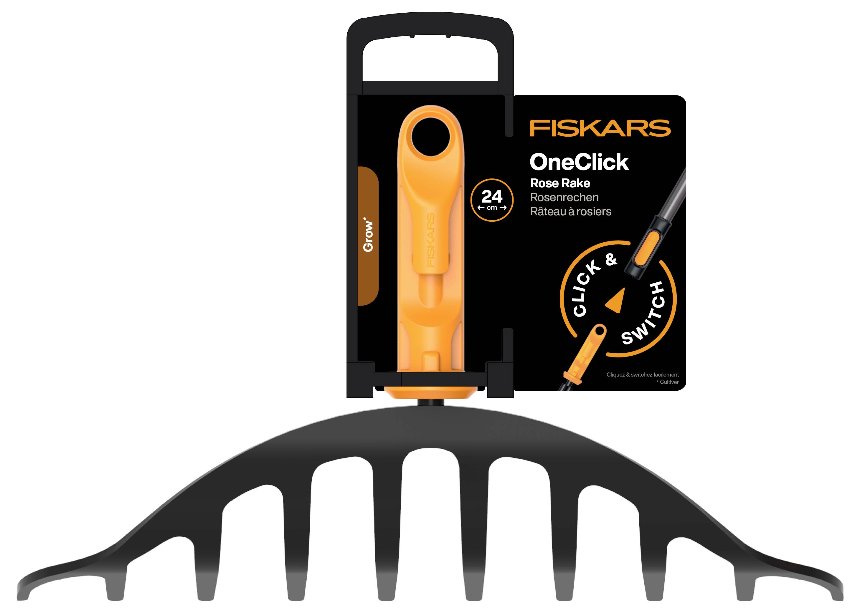 Verpackung und Produktbild der Fiskars OneClick Rosenrechen-Aufsatz, schwarzes und oranges Gartengerät mit gekrümmtem Rechenkopf unterhalb der Verpackung.