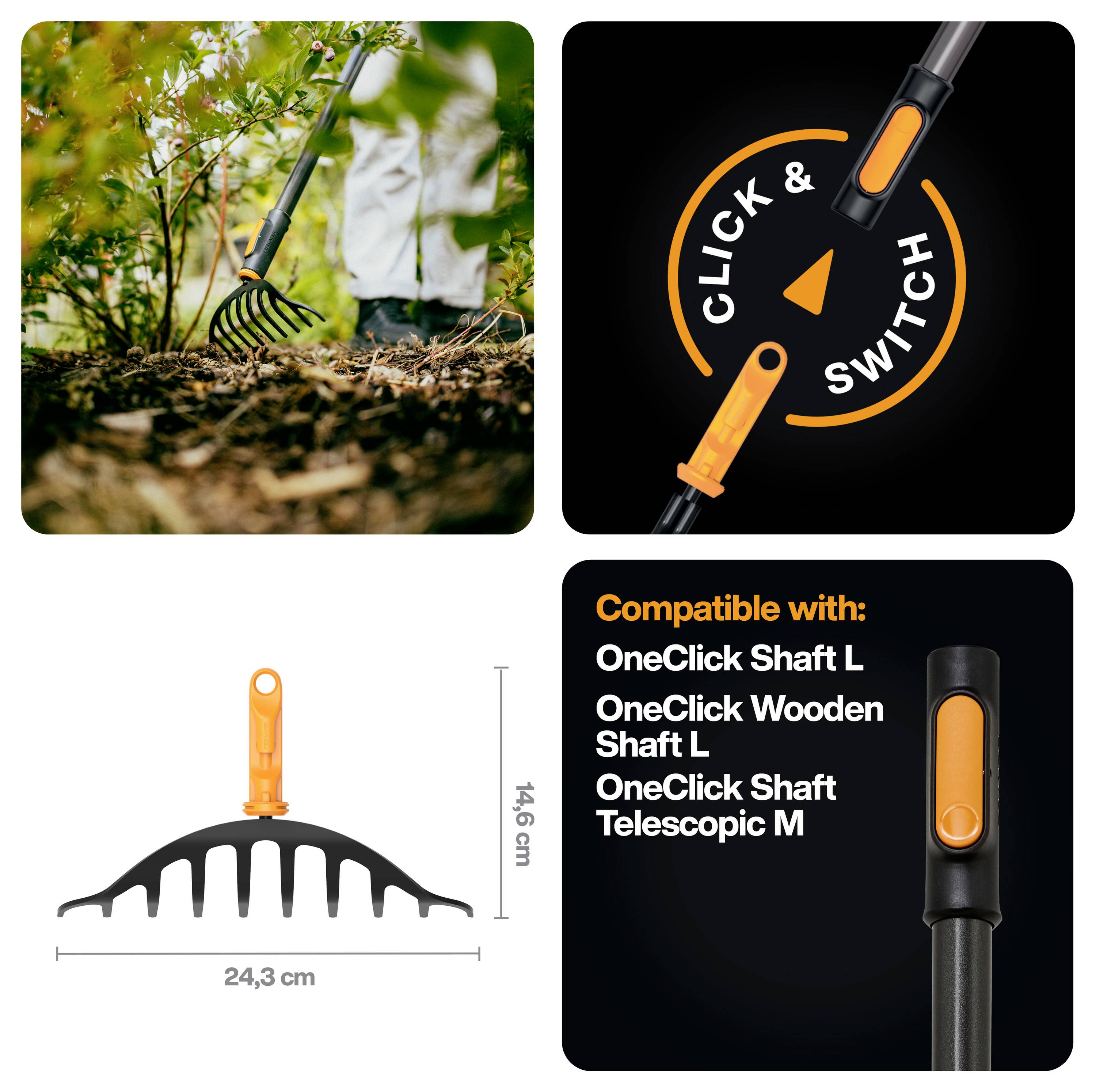 Werbecollage für einen Click & Switch Gartenrechen, zeigt die Verwendung in Erde, das Logo, Produktabmessungen und Kompatibilität mit OneClick-Schäften.