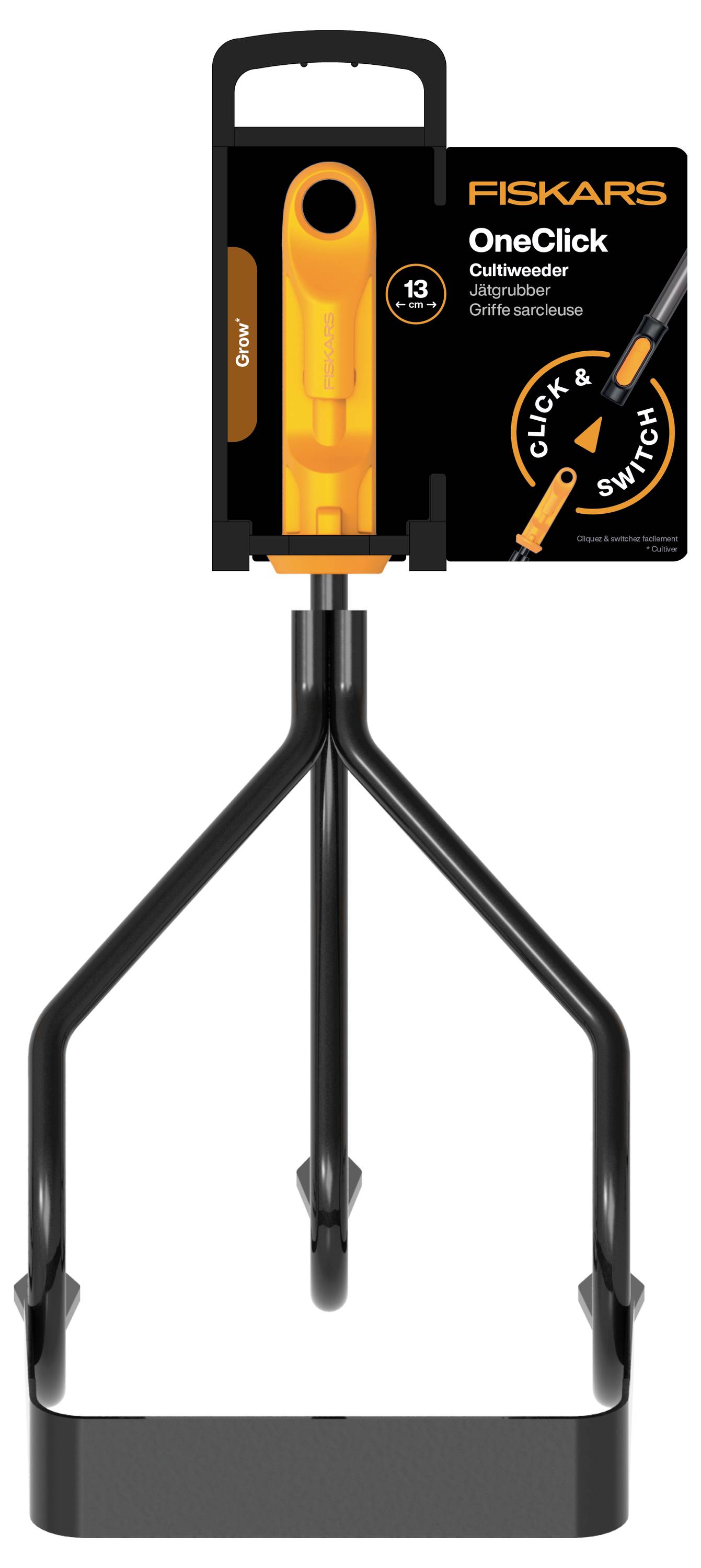 Fiskars OneClick Kultivator Gartenwerkzeug mit orangefarbenem Griff und schwarzem dreiflügeligem Kopf, shown in Verpackung mit Callout der 