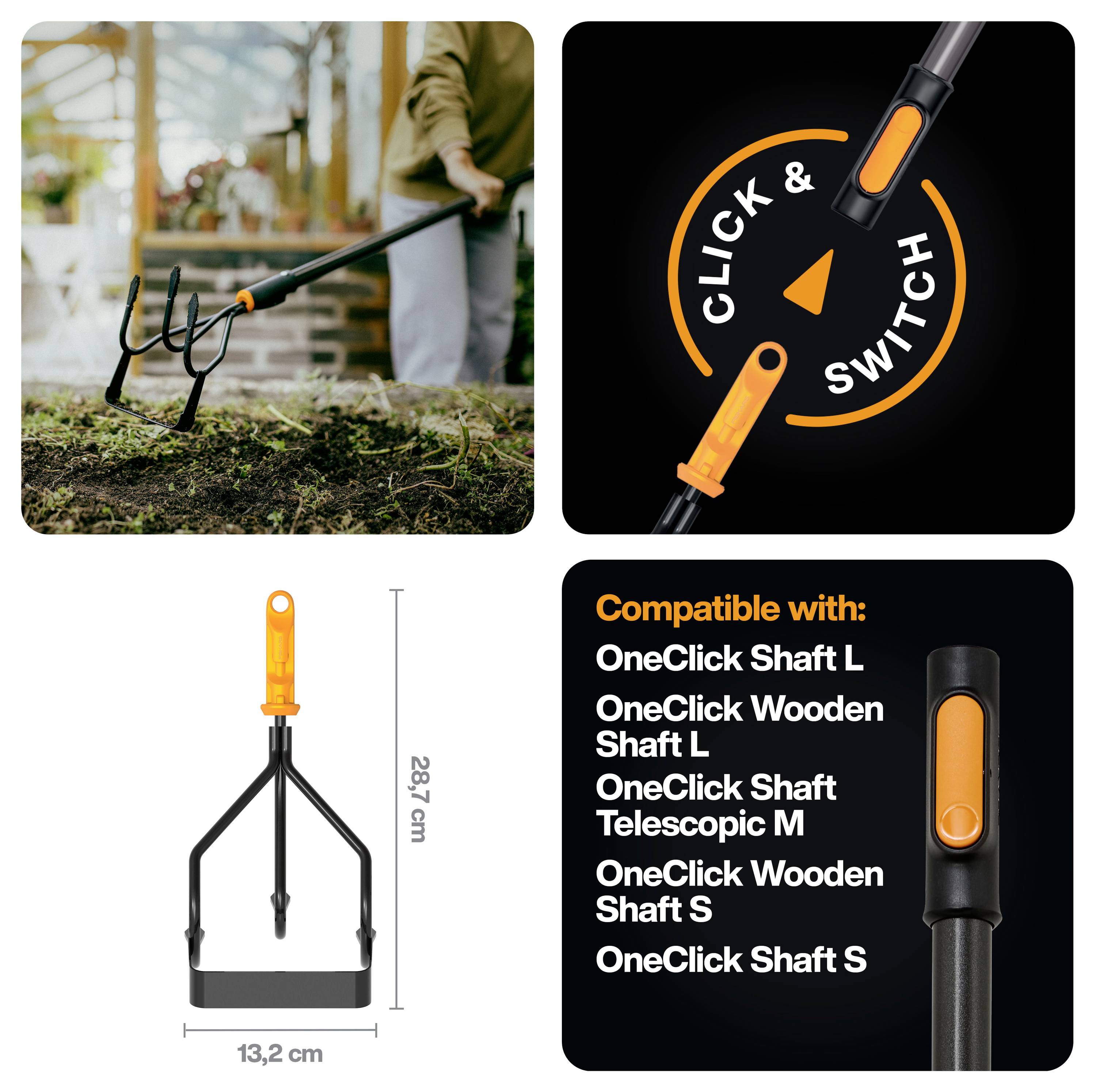 Werbecollage für einen OneClick-Gartengeräte-Aufsatz, der ein Handwerkzeug in Gebrauch zeigt, das Logo „CLICK & SWITCH