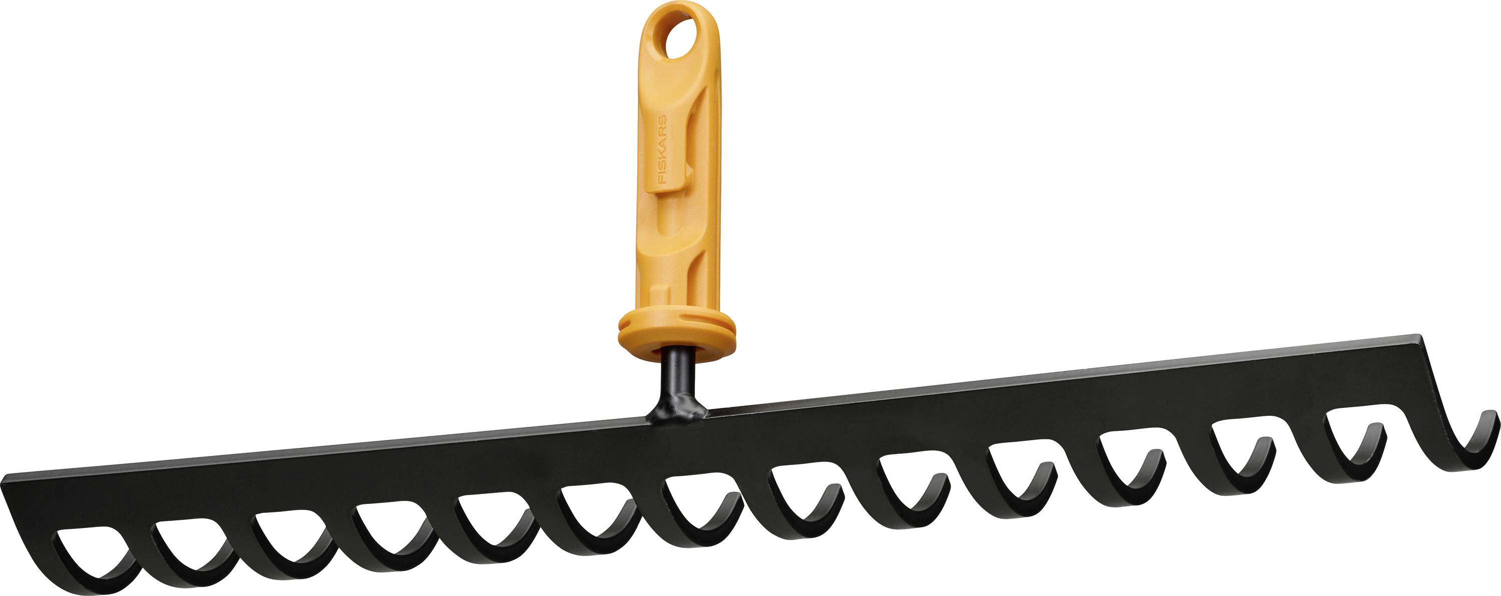 Orange-Laubrechen mit breitem schwarzem Metallkopf und gekrümmten Zinken auf weißem Hintergrund.