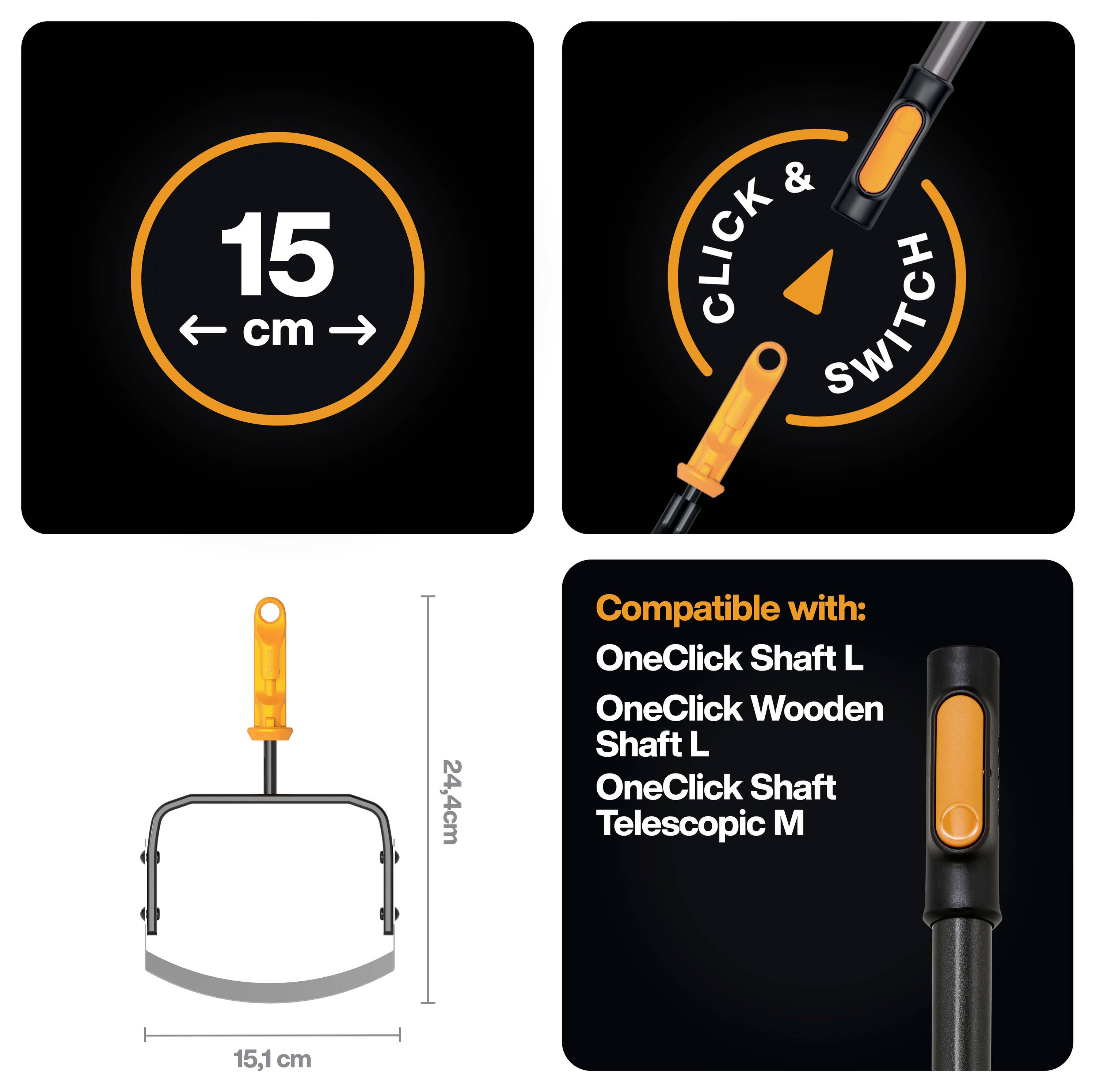 Grafik zeigt einen 15 cm großen orangefarbenen kreisförmigen Werkzeugkopf mit „Click & Switch