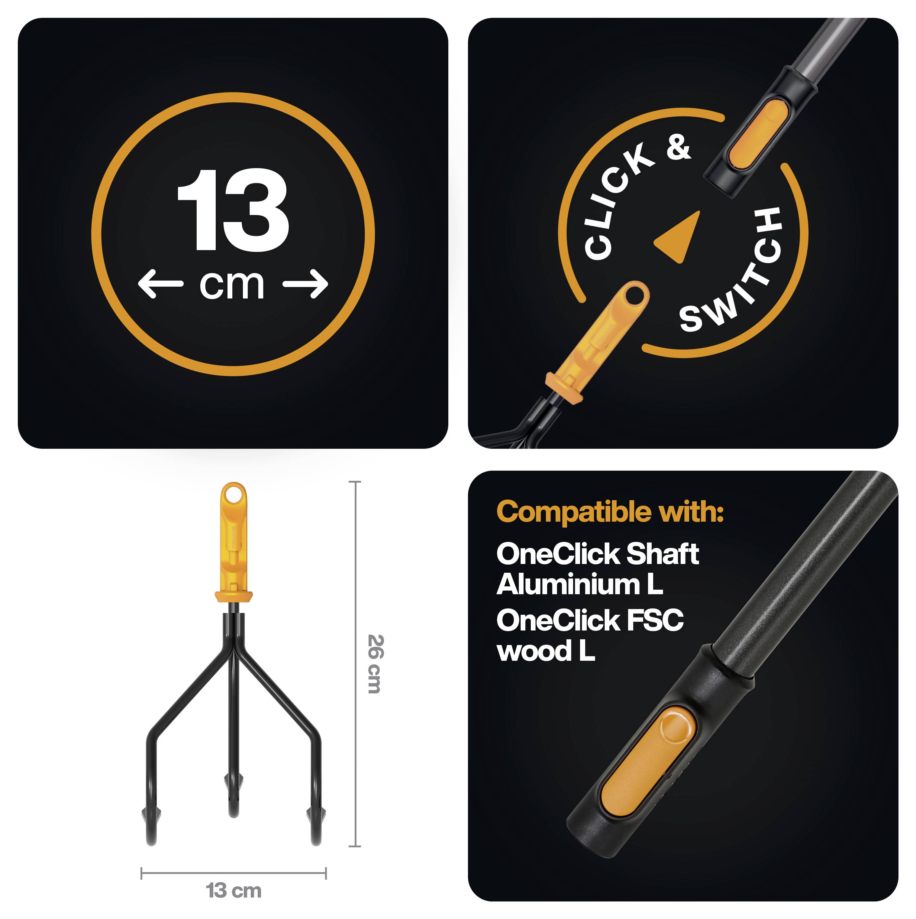 Grafik zeigt eine Griffbreite von 13 cm und einen „Click & Switch