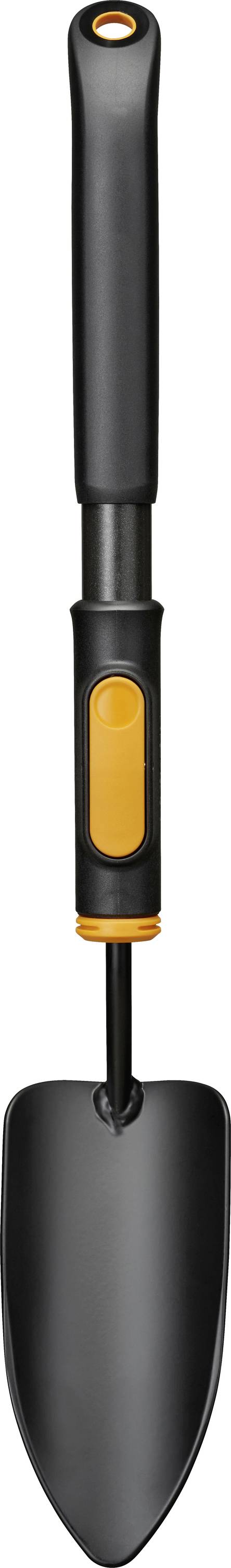 Eine schwarze Handkelle mit orangefarbener Akzentuierung am Griff, vertikal auf weißem Hintergrund dargestellt.
