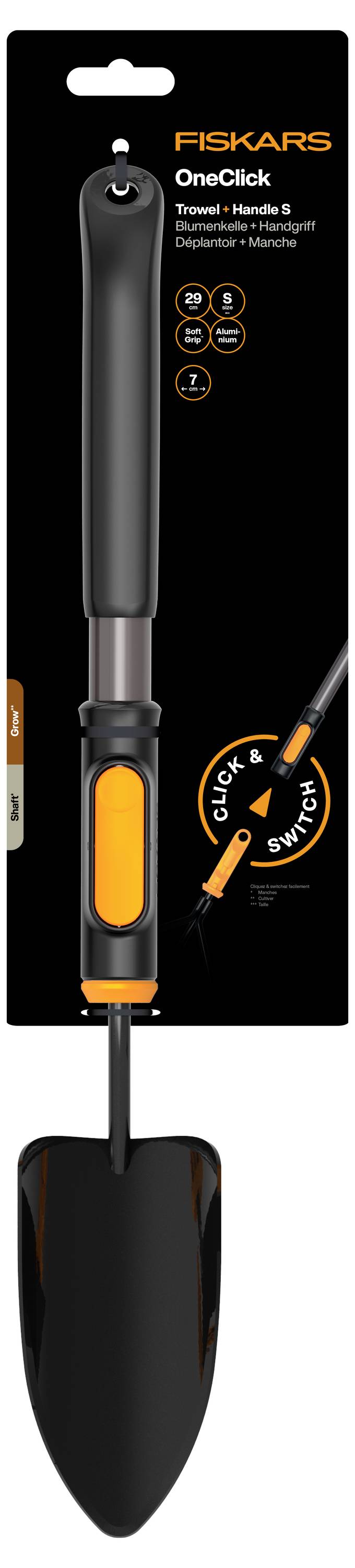 Fiskars OneClick Spaten mit ergonomischem Griff und orangem Daumenschalter; Grafik zeigt die austauschbare Werkzeugkopfanbringung mit Klick-System.