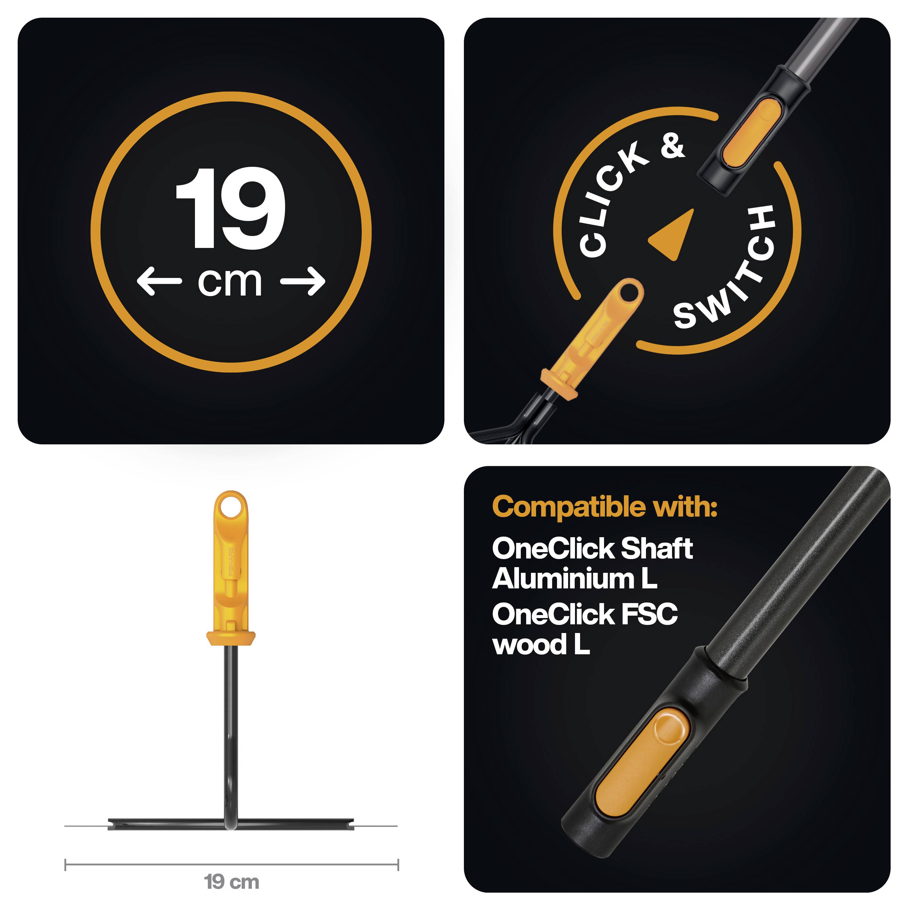 Produktabbildung zeigt ein 19 cm Werkzeugaufsatz mit 'Click & Switch' Kompatibilität für OneClick Shaft Aluminium L und OneClick FSC wood L.