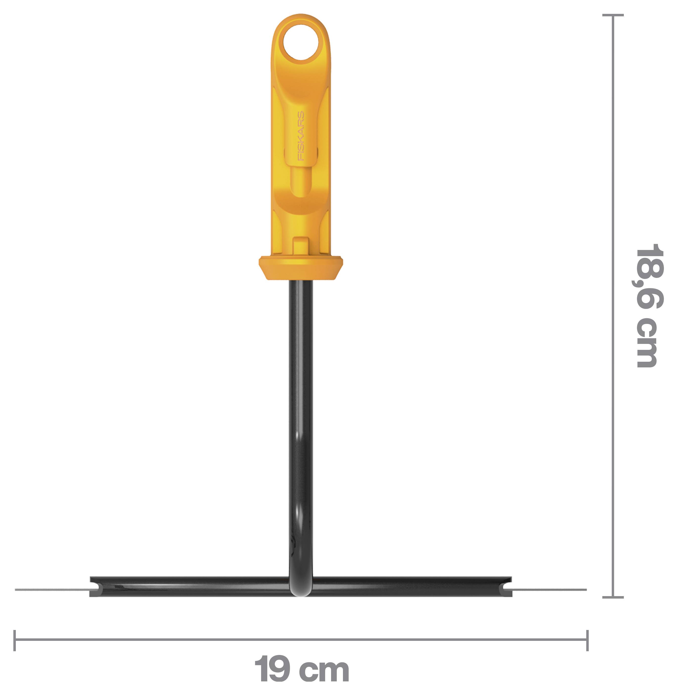 Orange-farbiger Bodenwischer in Vorderansicht, mit gekennzeichneter Breite von 19 cm und Höhe von 18,6 cm für die Größe.