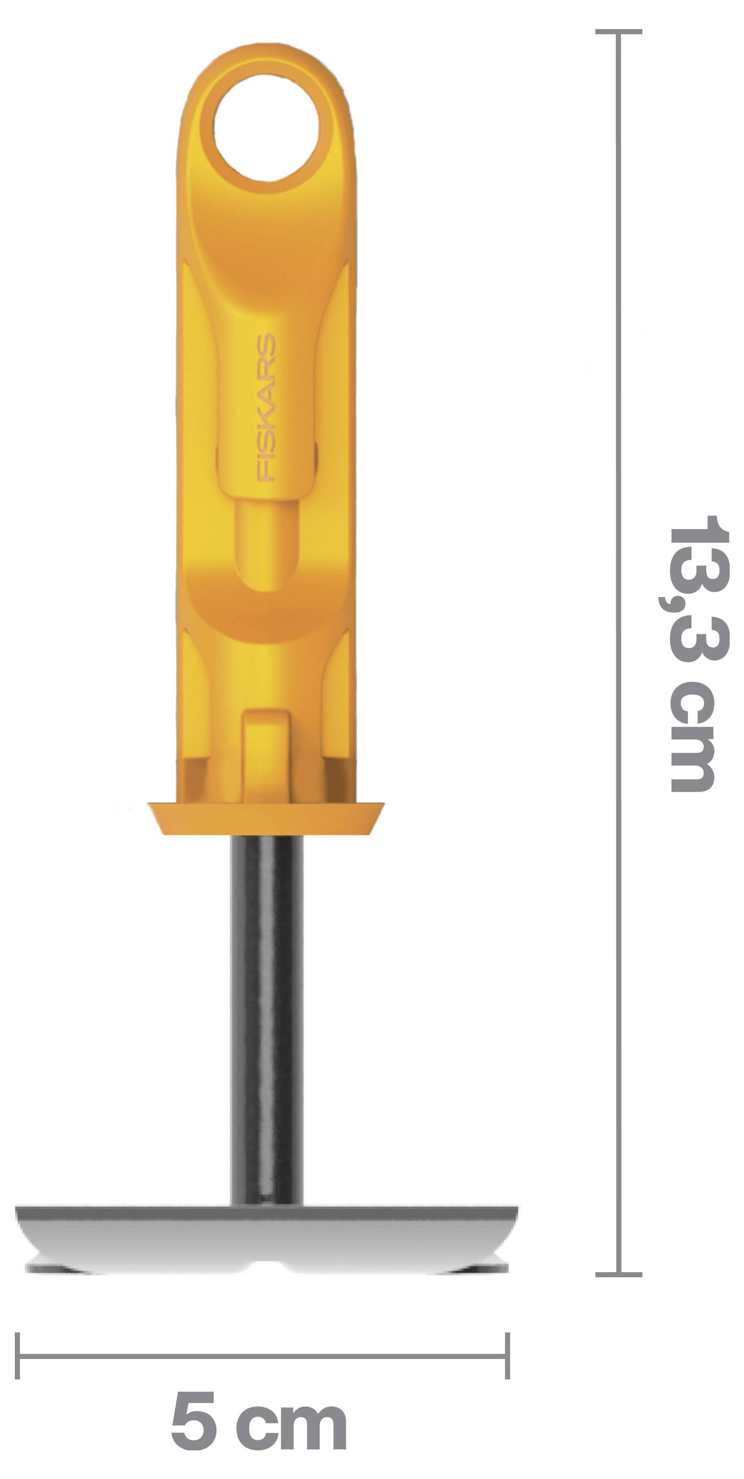 Oranges tragbares Küchengerät mit flacher Metallbasis, gezeigt mit Abmessungen von 13,3 cm Höhe und 5 cm Breite.
