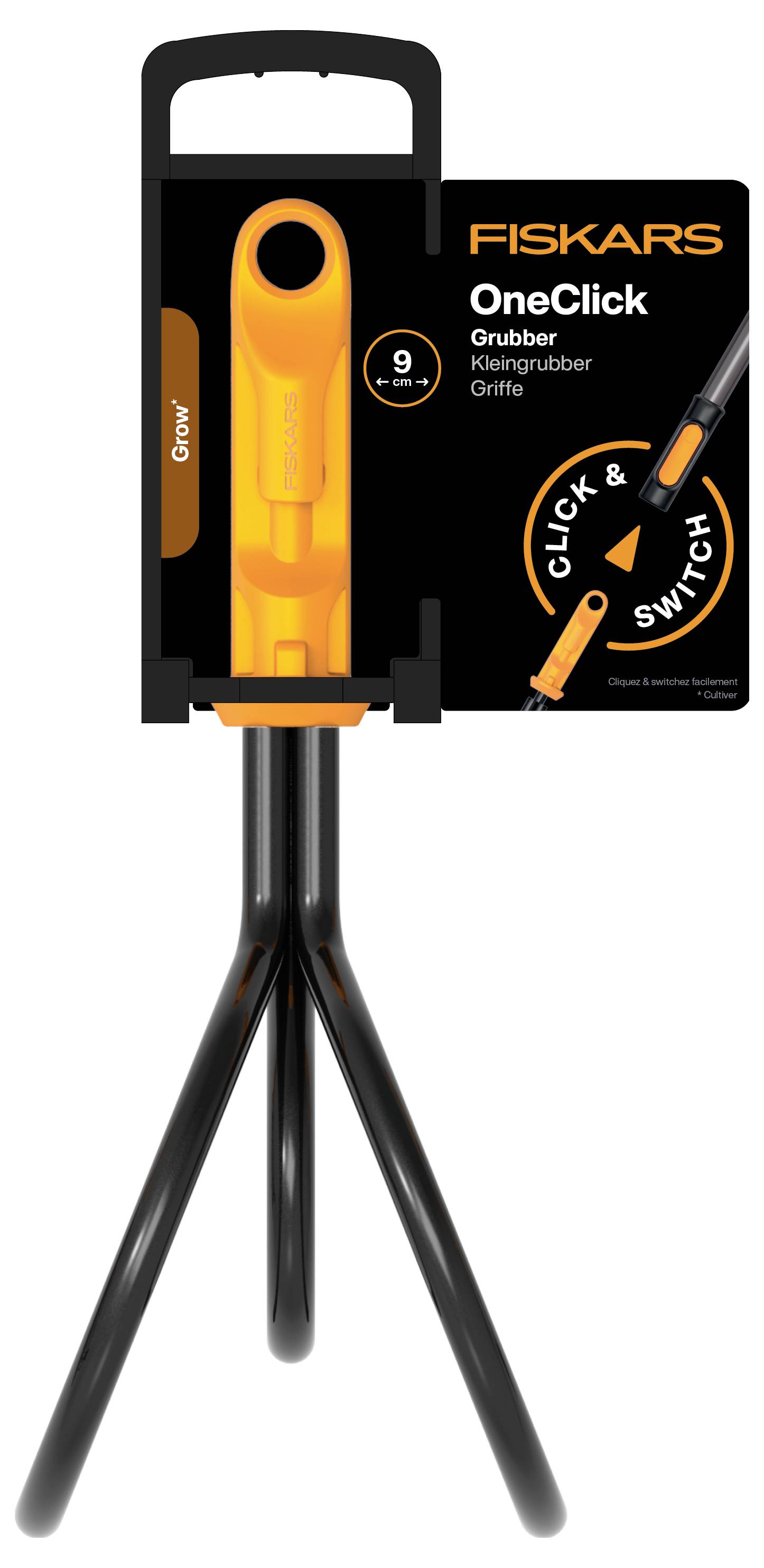 Produktverpackung für eine Fiskars OneClick Grabgabel mit schwarzem und orangefarbenem Griff, gekennzeichnet mit „Grubber