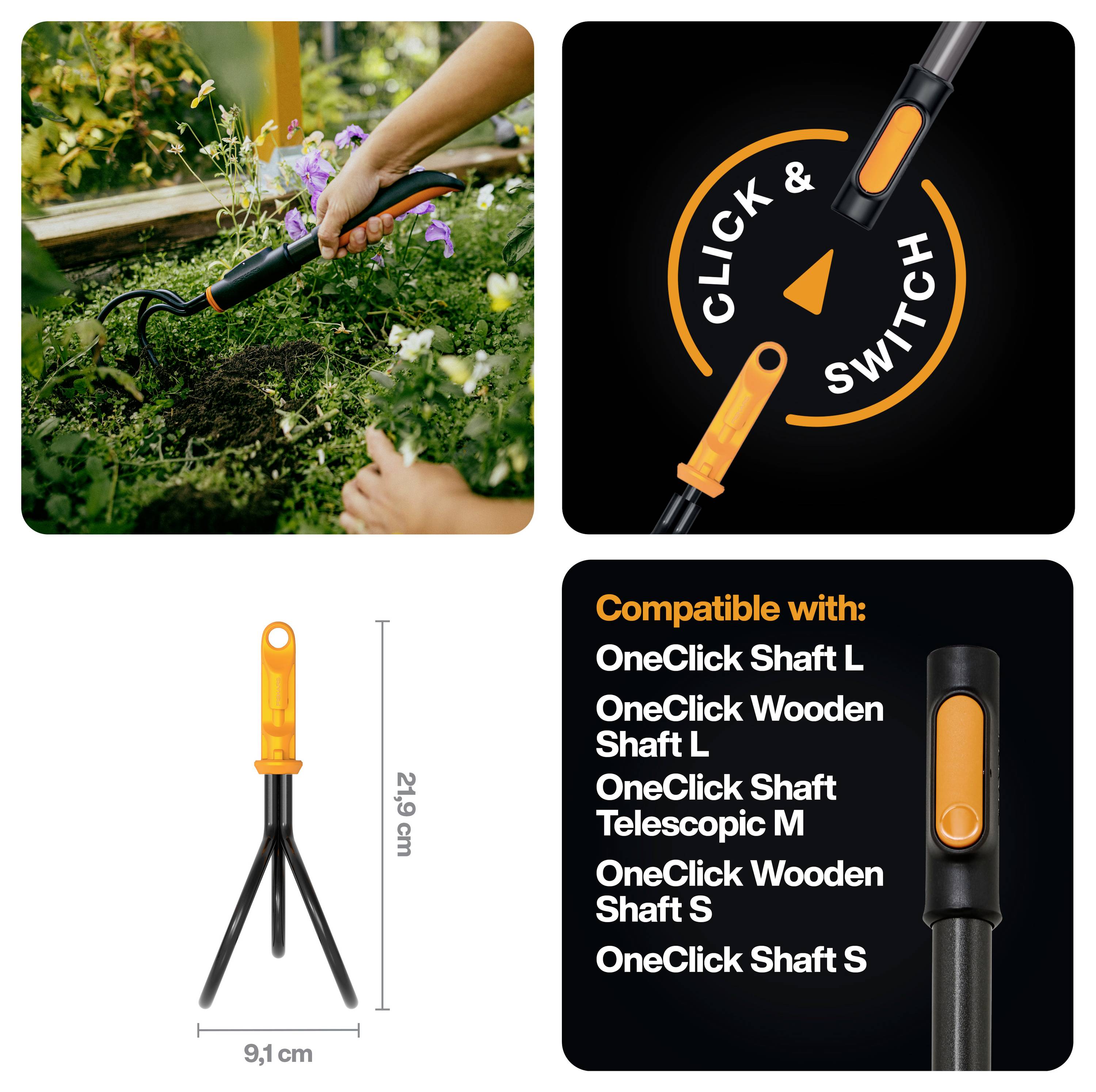 Werbekollage zeigt einen Click-and-Switch-Gartenwerkzeuggriff in Gebrauch, mit „Click & Switch