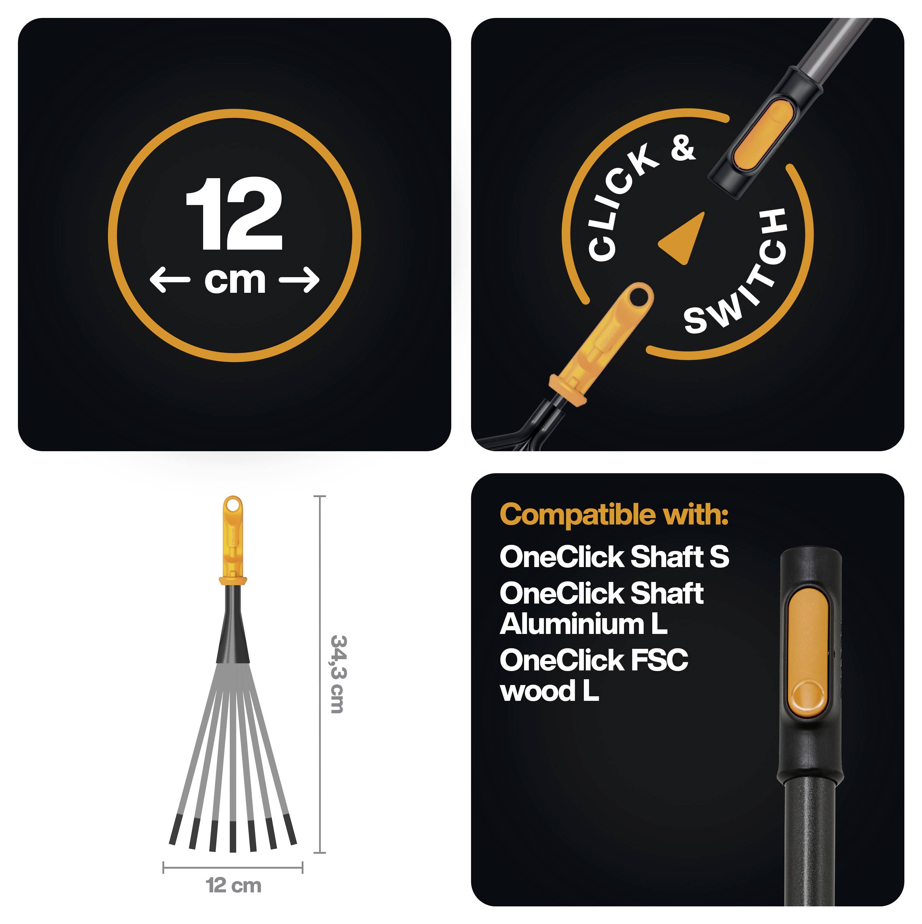 Werbegrafik für ein zusammenklappbares Reinigungswerkzeug mit 12 cm Faltgröße, Click-and-Switch-Griff, 34,3 cm Verlängerung und Kompatibilität mit OneClick Shaft S, Aluminum L und FSC wood L.